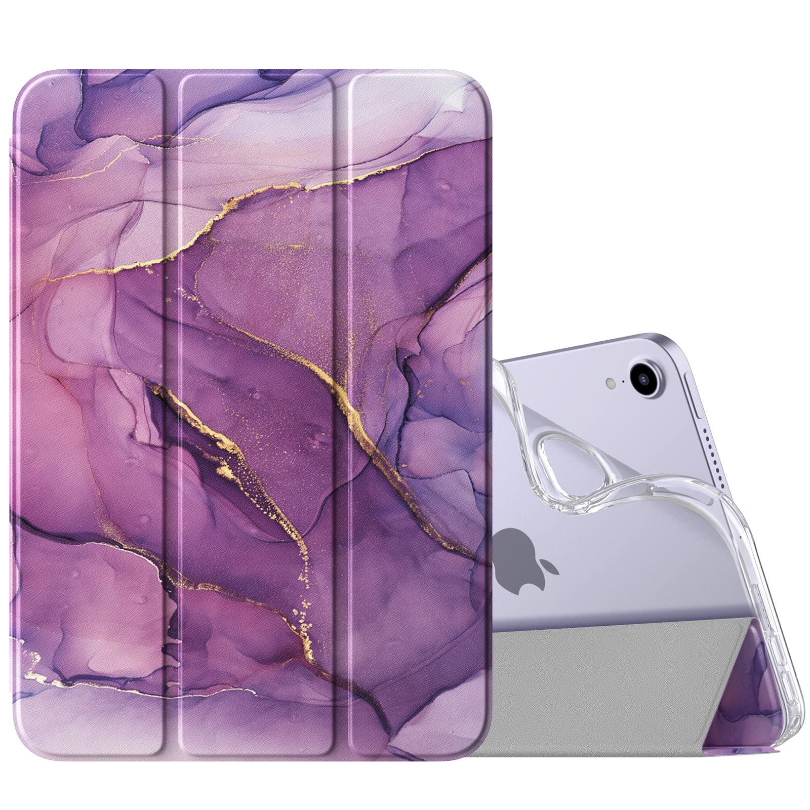MoKo Hülle Kompatibel mit Neues iPad Mini (A17 Pro) 2024, iPad Mini 6.Generation Tasche 2021 (8,3-Zoll), Weiches TPU Transluzent Rückendeckel Schlankes Etui für iPad Mini 7/6 Gen, Marmor Goldlila
