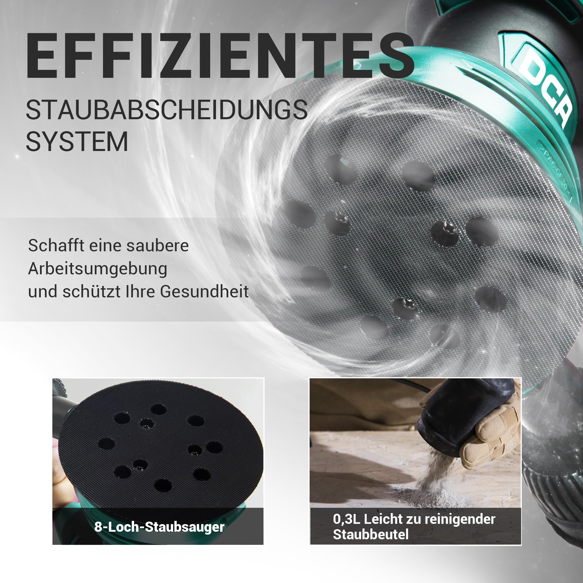 DCA Exzenterschleifer 300W, 125MM Schleifmaschine mit 6 Geschwindigkeiten, Max.12000 U/min, 0.3L Staubfangbehälter und Aubgeschützter Schalter, 10 Schleifpapier für Schleifen, Polieren von Holz, DIY
