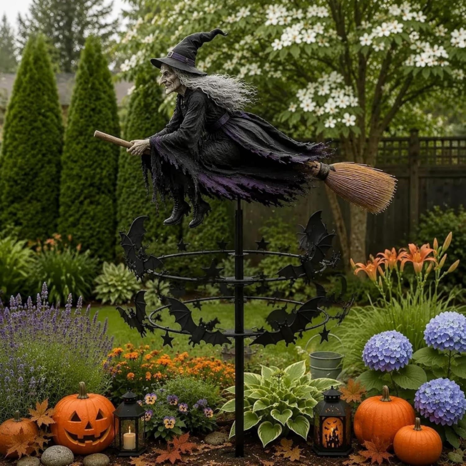 Rotating Witch Wind Rotator Silhouette Wind Rotator with Witch Topper Spooky Halloween Lawn Ornament Kinetic for Homeowners, Decorators, Flower Bed, Patio, Black-image-37