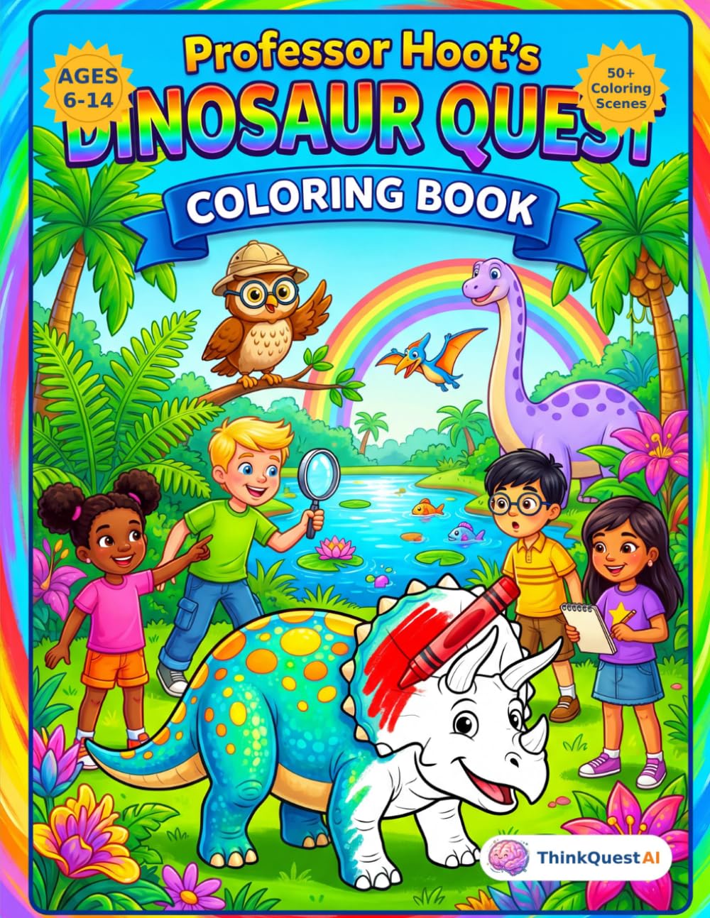 Professor Hoot's Dinosaur Quest Coloring Book: 50 Big, Bold Prehistoric Coloring Scenes for Kids Ages 6-14 — T-Rex, Triceratops & a Fun Dino Fact on Every Page