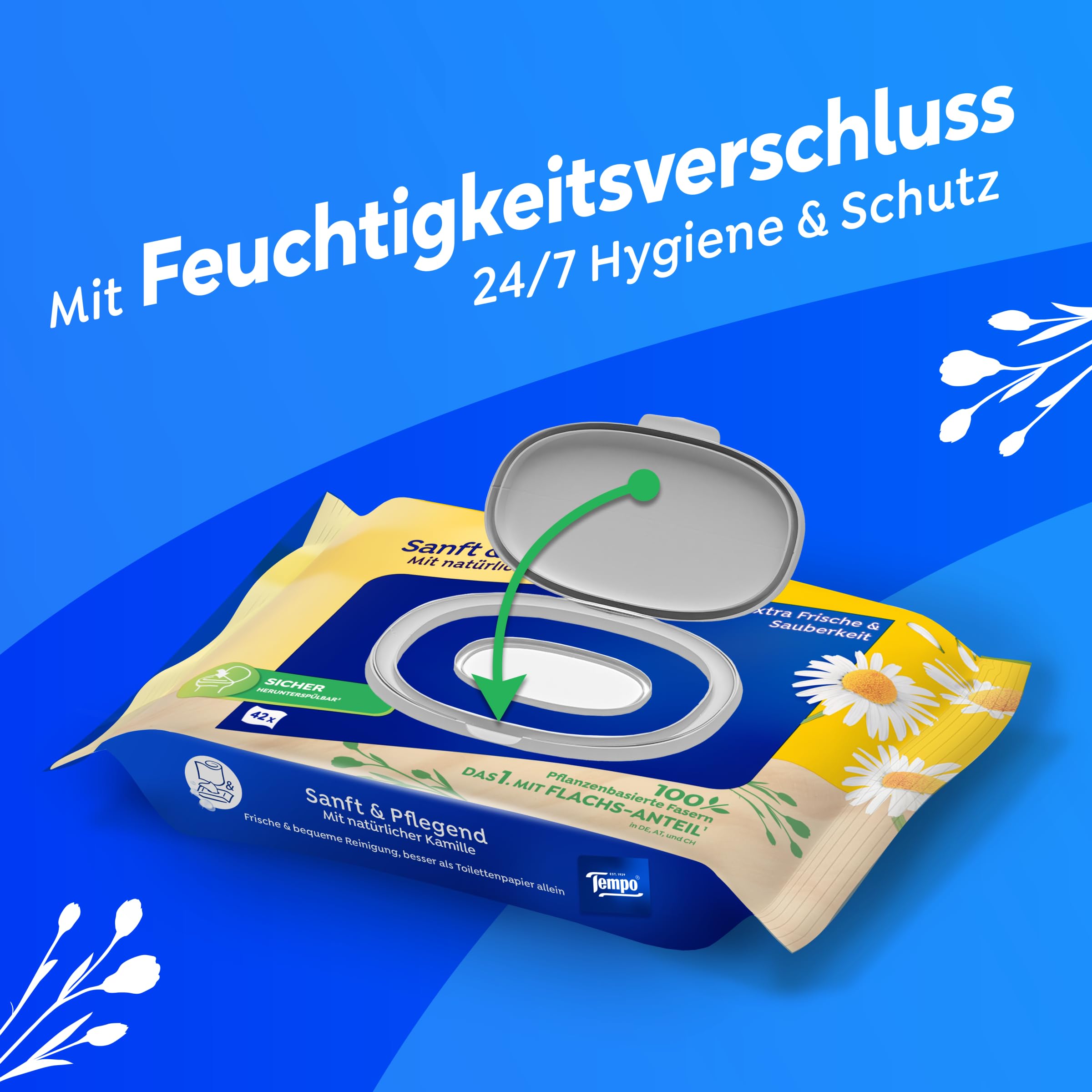 Tempo Feuchte Toilettentücher "Sanft & Pflegend" - Megapack - 16 Packungen mit je 42 Tüchern - Duo Packs - mit natürlicher Kamille - Toilettenpapier, dermatologisch getestet & pH-hautneutral
