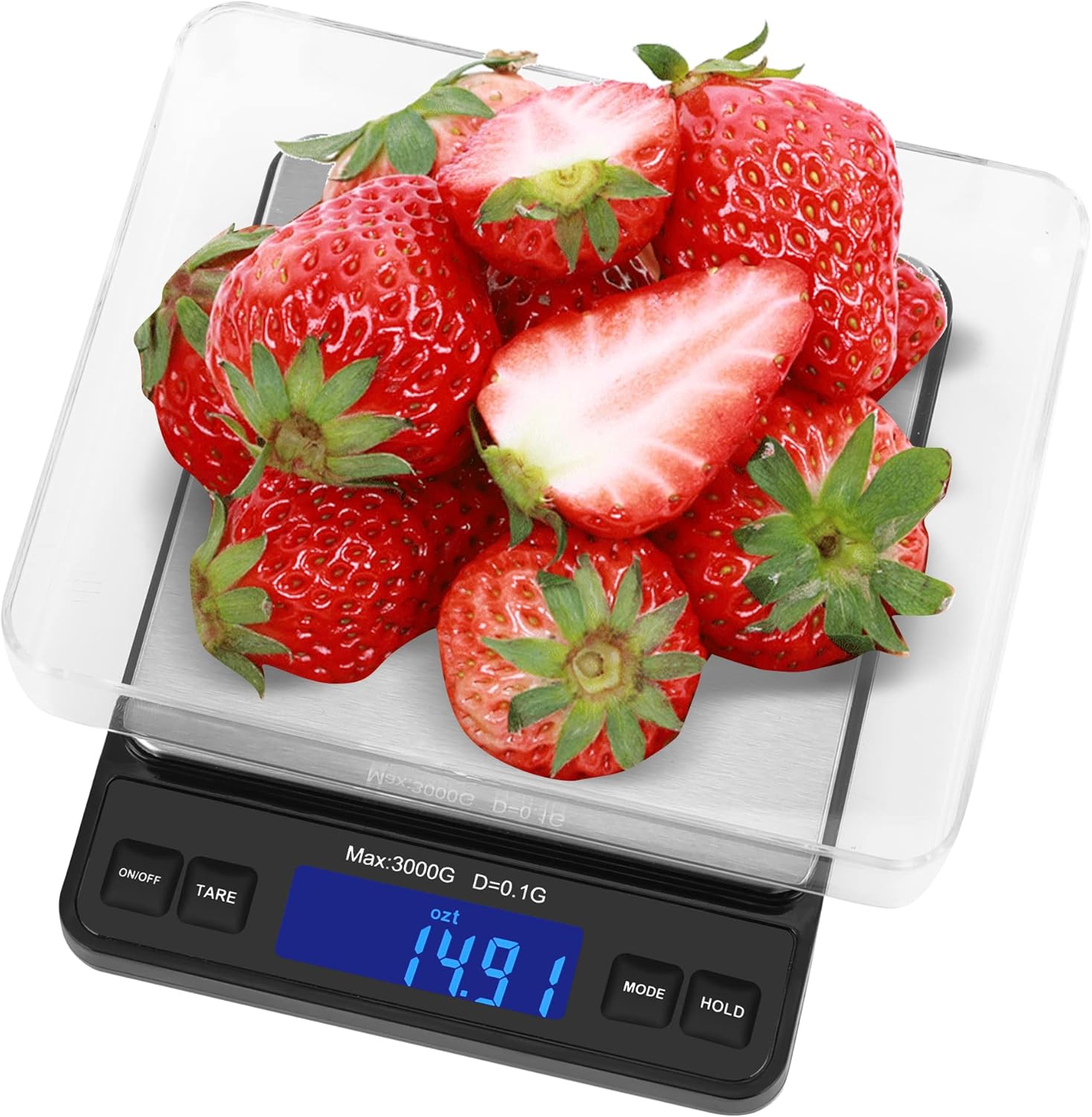Weighmax W-7800 Digital Scale weighing strawberries in a clear tray
