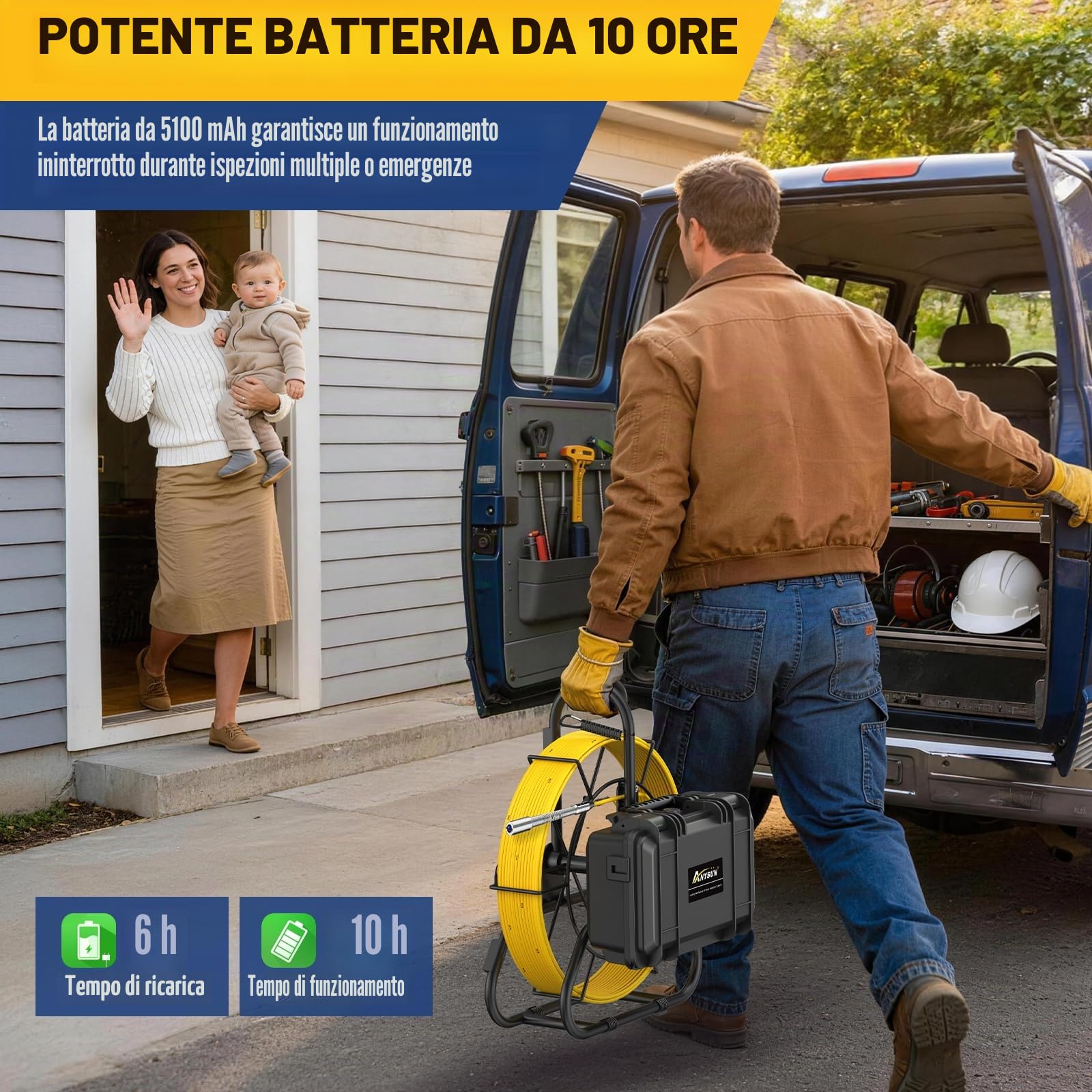 Anysun Auto-Livellamento Telecamera Ispezione, 50M Videoispezione con Trasmettitore 512Hz, Telecamera 23MM 1080P HD, Cavo 7MM, DVR, IPS 9" Endoscopio Tubi IP68 Impermeabile con Batteria 5100mAh