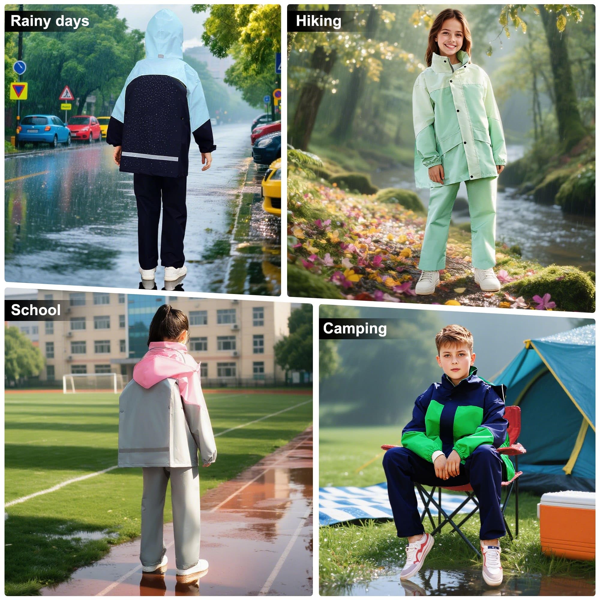 JinBei Enfants Imperméable Garçon Fille Combinaison de Pluie Léger Ensemble Pluie à Réfléchissant Pantalon et Veste Zip Boutons à Capuche Pliante Costume 2 Pièces pour Écoles Camping, 8-14 Ans