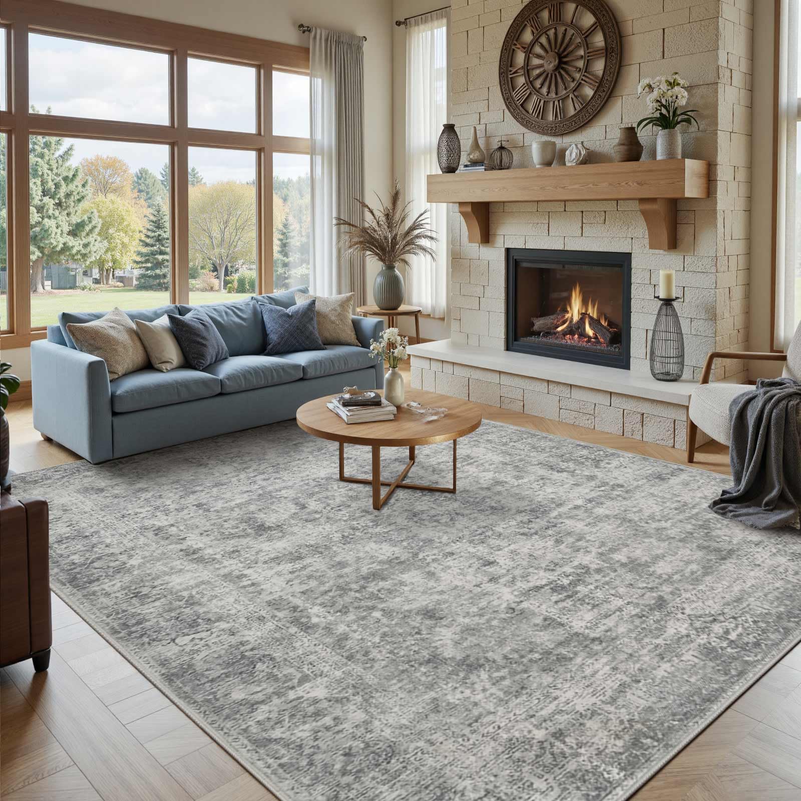 8x10 Area Rugs for Living Room, Large Washable Rug, Grey Vintage Abstract Boho Rug, Non Slip & Low Pile Faux Wool Carpet for Indoor Dining Room, Farmhouse and Bedroom(Grey 8x10ft)