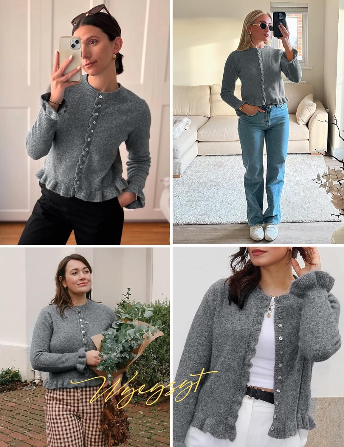 Wyeysyt Womens Cropped Cardigan Sweaters Ruffle Crewneck Button Down Cardigans 2026 - Image 5