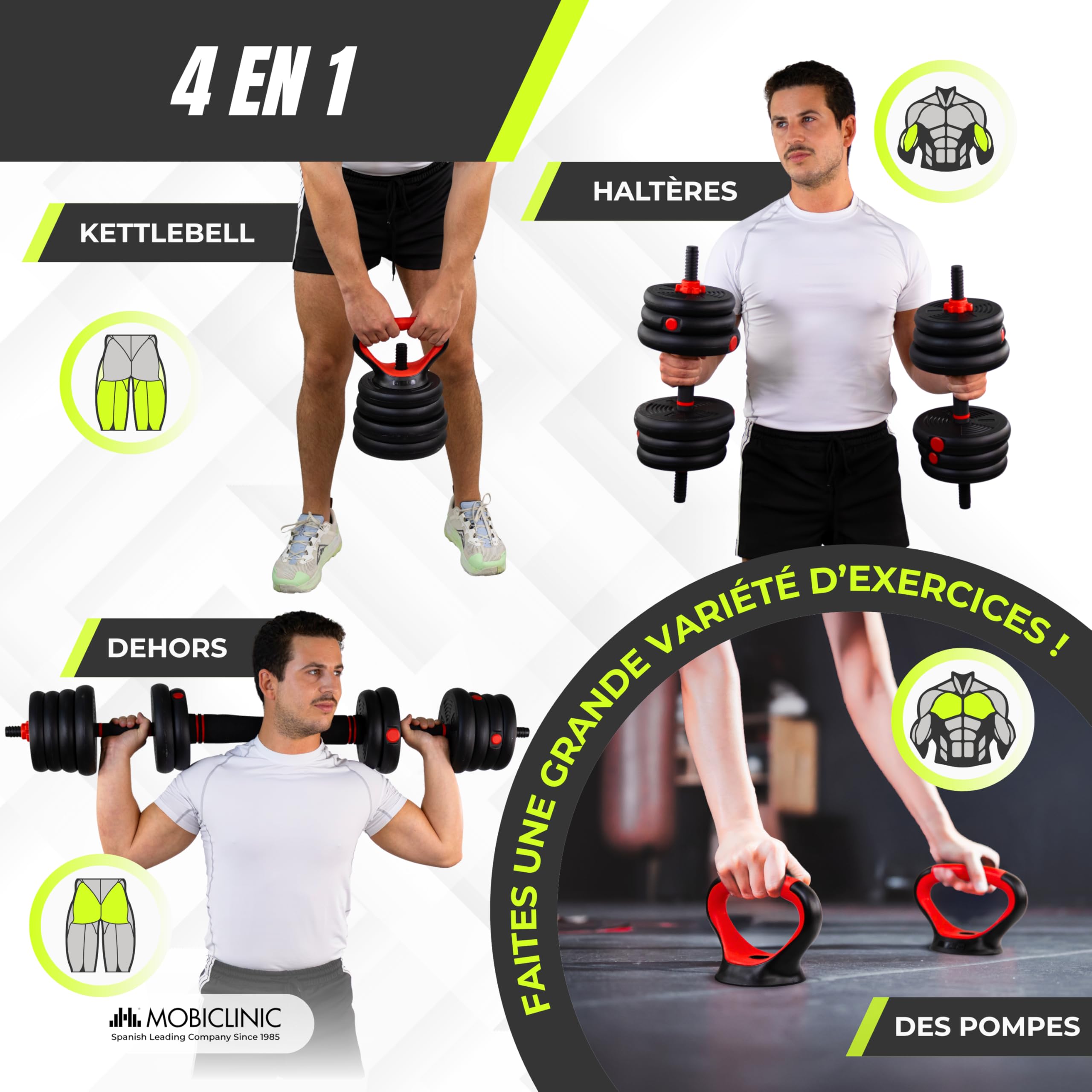 Mobiclinic®, Haltères Réglables 20 kg, 4 en 1, Ensemble de Poids, Haltères, Kettlebells et Support de Pompes, Barre de Connexion, Poignée Antidérapante, Mobimax, Gym à Domicile, Fitness
