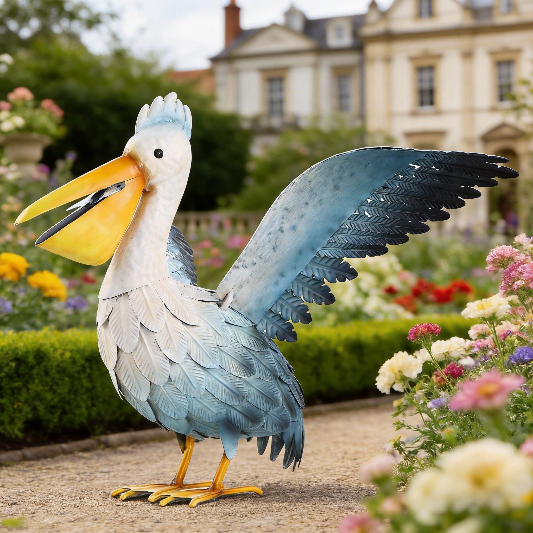 chisheen Metal Pelican Garden Statue Outdoor Decor, Metal Yard Art Decoration Coastal Figurine