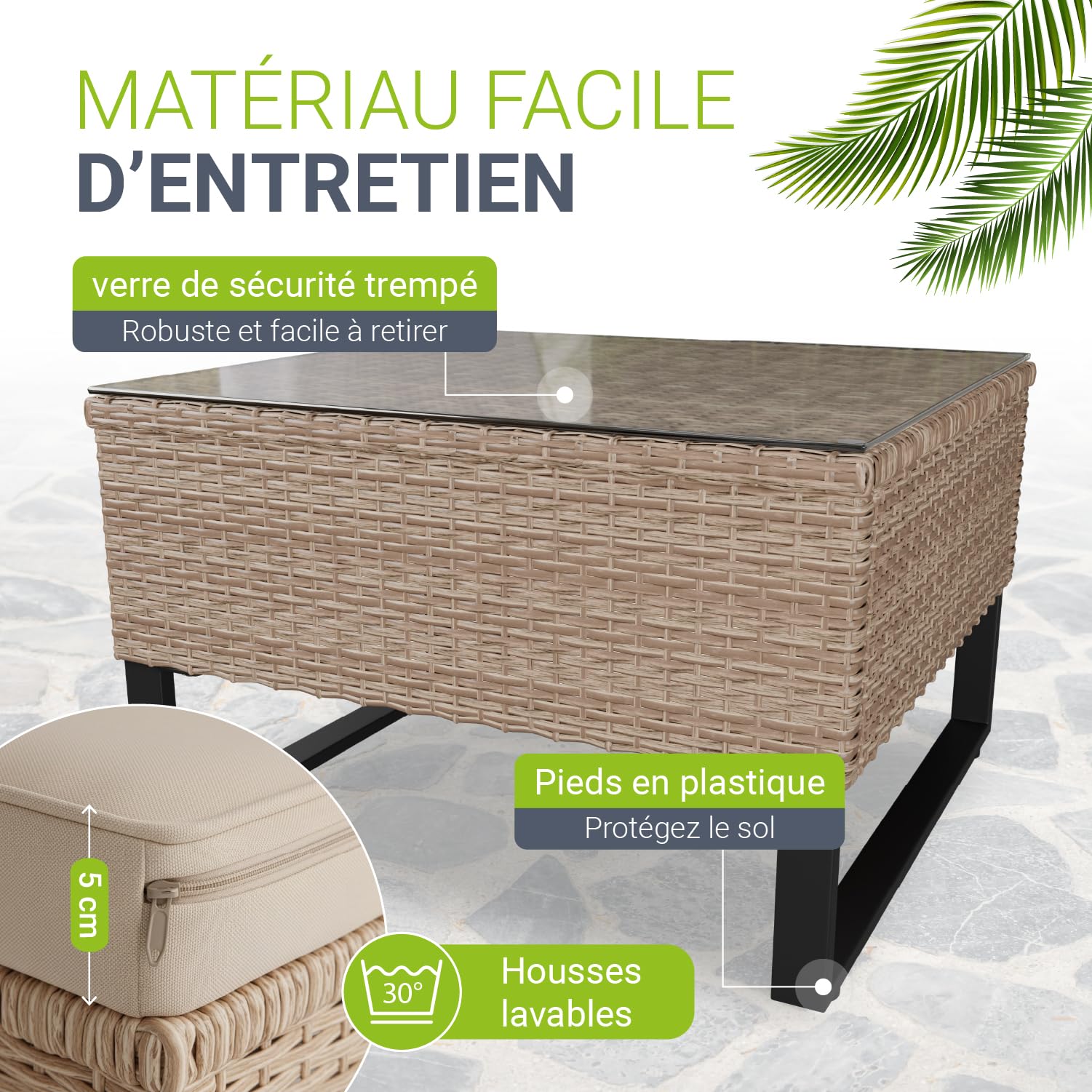 Juskys Coin Lounge extérieur Santorini en polyrotin - Salon de Jardin avec Table Basse et Coffre à Coussins - Meubles de Jardin en Imitation rotin résistant aux intempéries - Crème