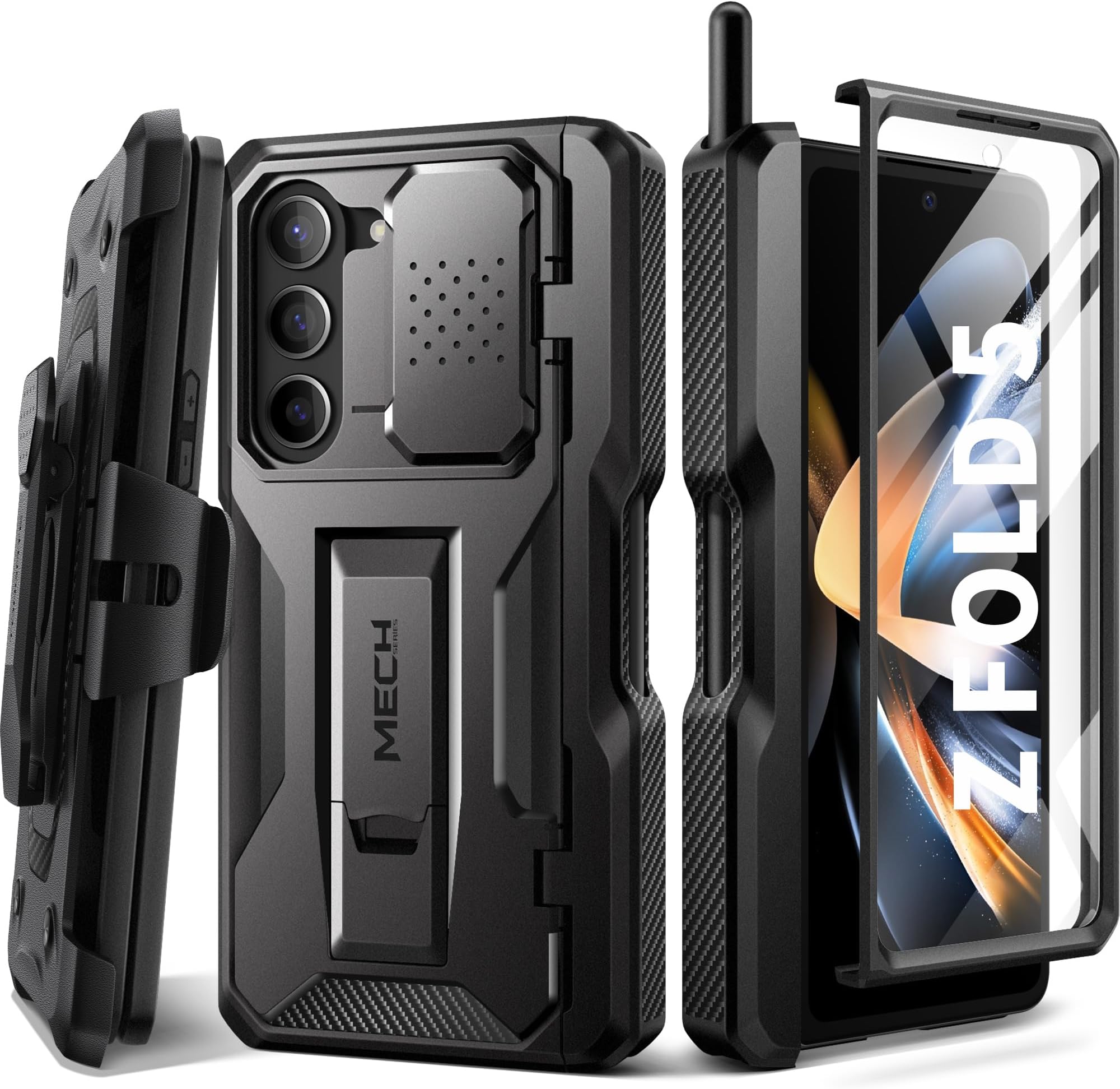 Tongate for Galaxy Z Fold 5 Case, with New S Pen Holder & Screen Protector & Kickstand, Full-Body Rugged Hinge Protection Case with Belt-Clip & Camera Cover for Samsung Galaxy Z Fold 5 Case, Black