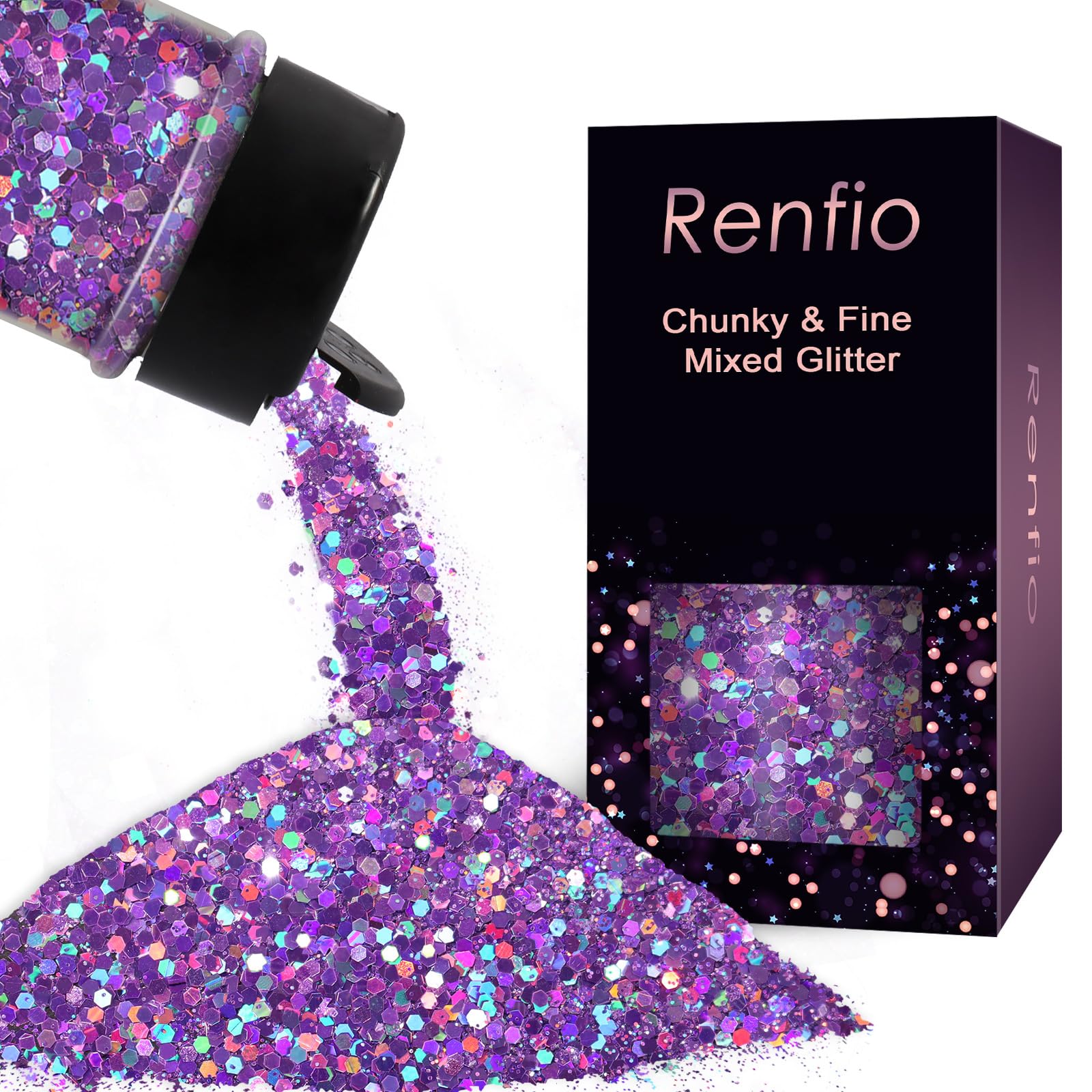 Renfio Glitter Mix - Laser Light Purple, 2.11oz/60g Holographic Fine & Chunky Glitter for Nail Art Tumblers, Slime & Crafts