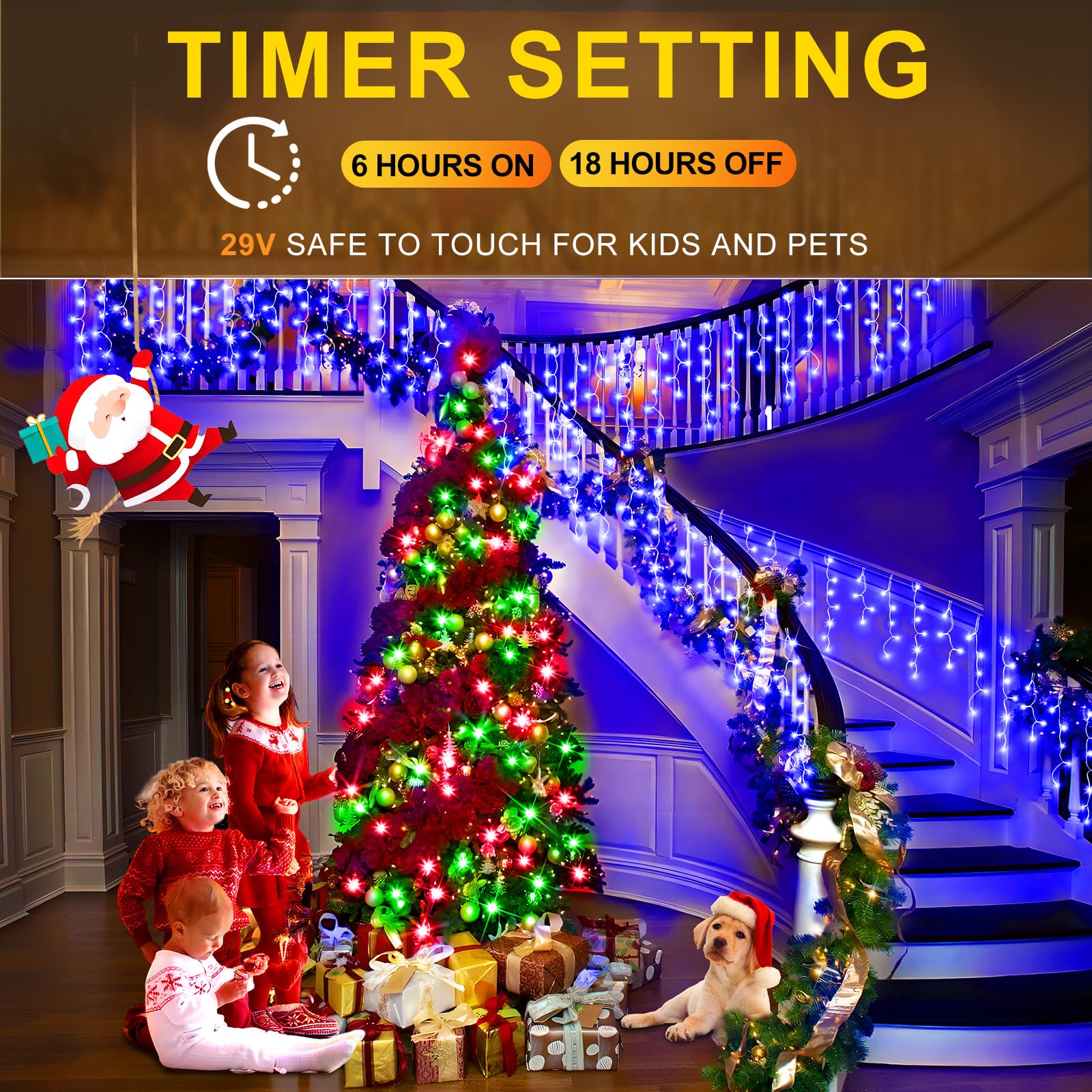 KNONEW Luces LED de Navidad, 100 pies 1216 LED 8 modos, cortina de hadas de alambre transparente LED String Decoración para Navidad, Acción de Gracias Halloween Fiesta Fondos Decoraciones (azul)
