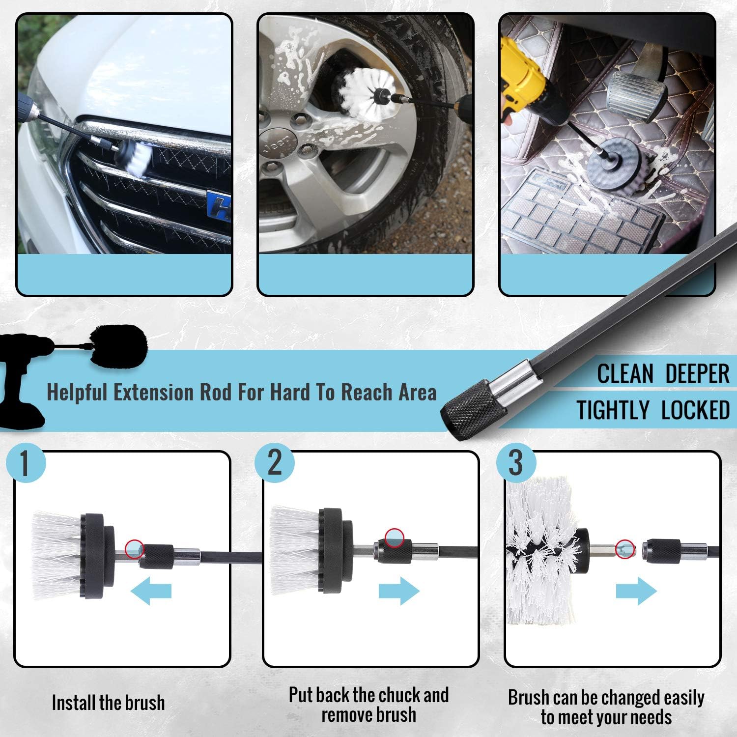 HIWARE 16 Pcs Drill Brush Car Detailing Kit - Car Polishing & Buffing Pads Kit - Soft Bristle Power Scrubber with Extend Attachment for Cleaning Car Interior, Boat, Carpet Upholstery, Bathroom : Automotive