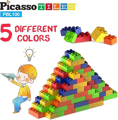 Miniatura 7 de PicassoTiles Juego de 100 piezas de bloques de construcción de ladrillos de construcción grandes, juego de ladrillos STEM, juego de aprendizaje