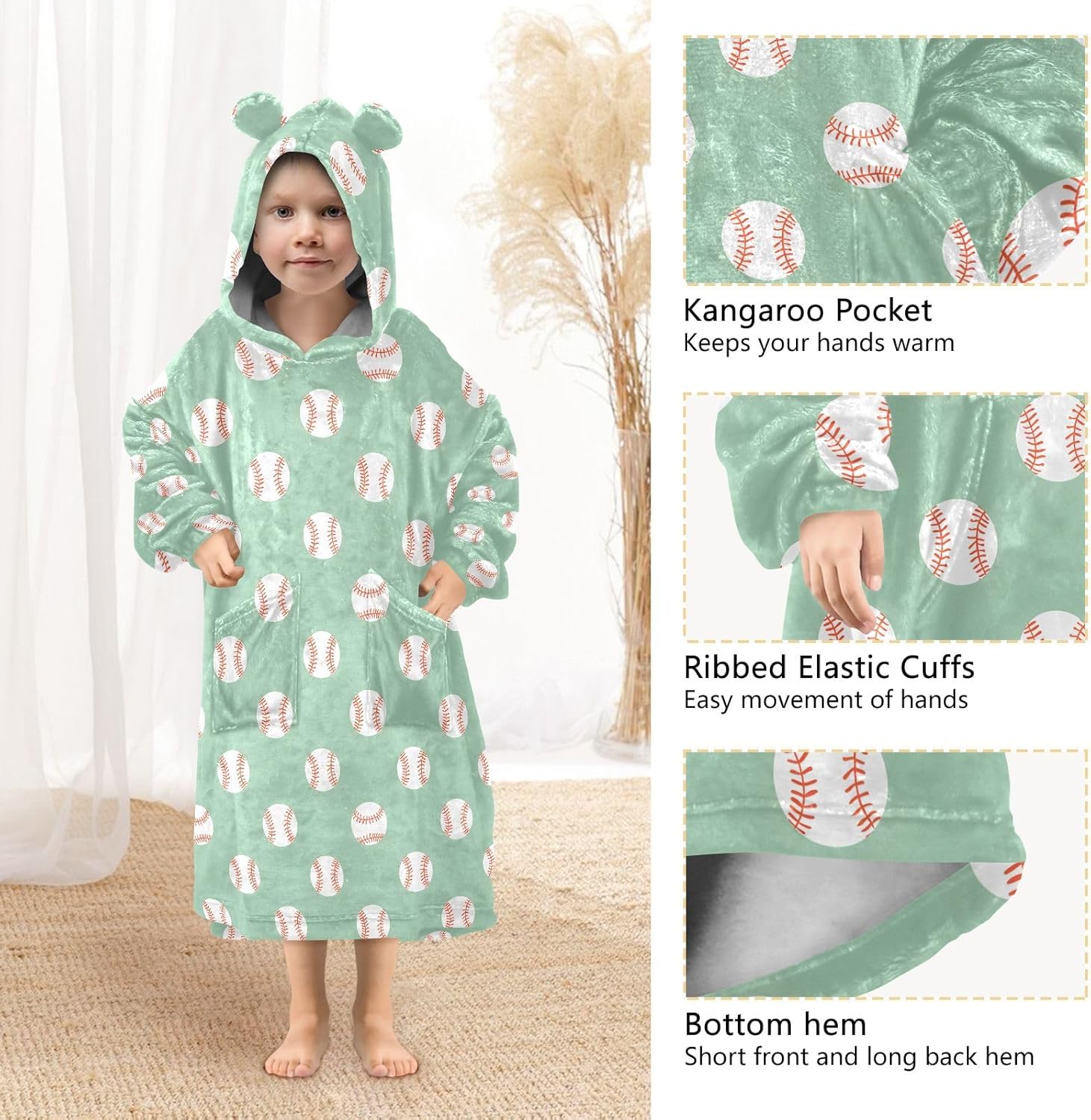 Simple Baseballs Green Prints Wearable Blankets for Kids, Soft Warm Cozy Blanket Hoodie for Boys Girls with Pocket