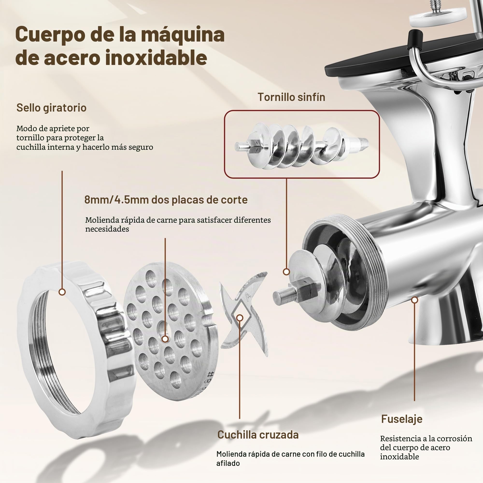 Hanchen Picadora de Carne Manual Acero Inoxidable Máquina de Picar Carne Doméstico y Comercial Embutidora de Salchichas con 2 Discos de Corte para Cerdo Pollo Ternera Verduras