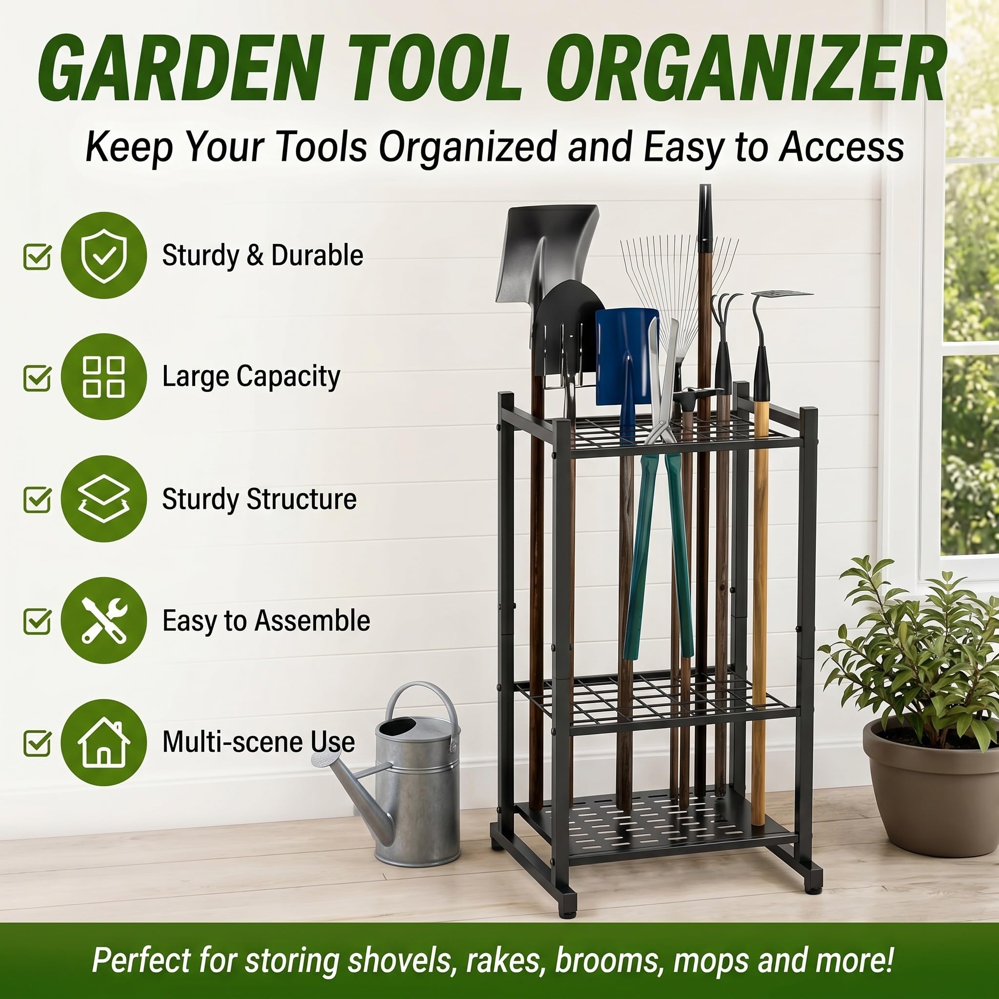 SOONHUA Supporto per attrezzi da giardino, torre degli attrezzi per il cortile per l'organizzazione e lo stoccaggio, per un massimo di 35 strumenti/rastrelli/scopa, robusto supporto per attrezzi da