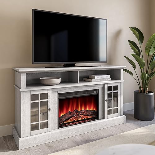 Traditional 58 Inch Rustic TV Stand with 23 Inch Electric Fireplace & Media Entertainment Center Console Table for TV up to 65 Inch with Open Storage Shelves & Cabinets - Astorga (Sargent Oak)