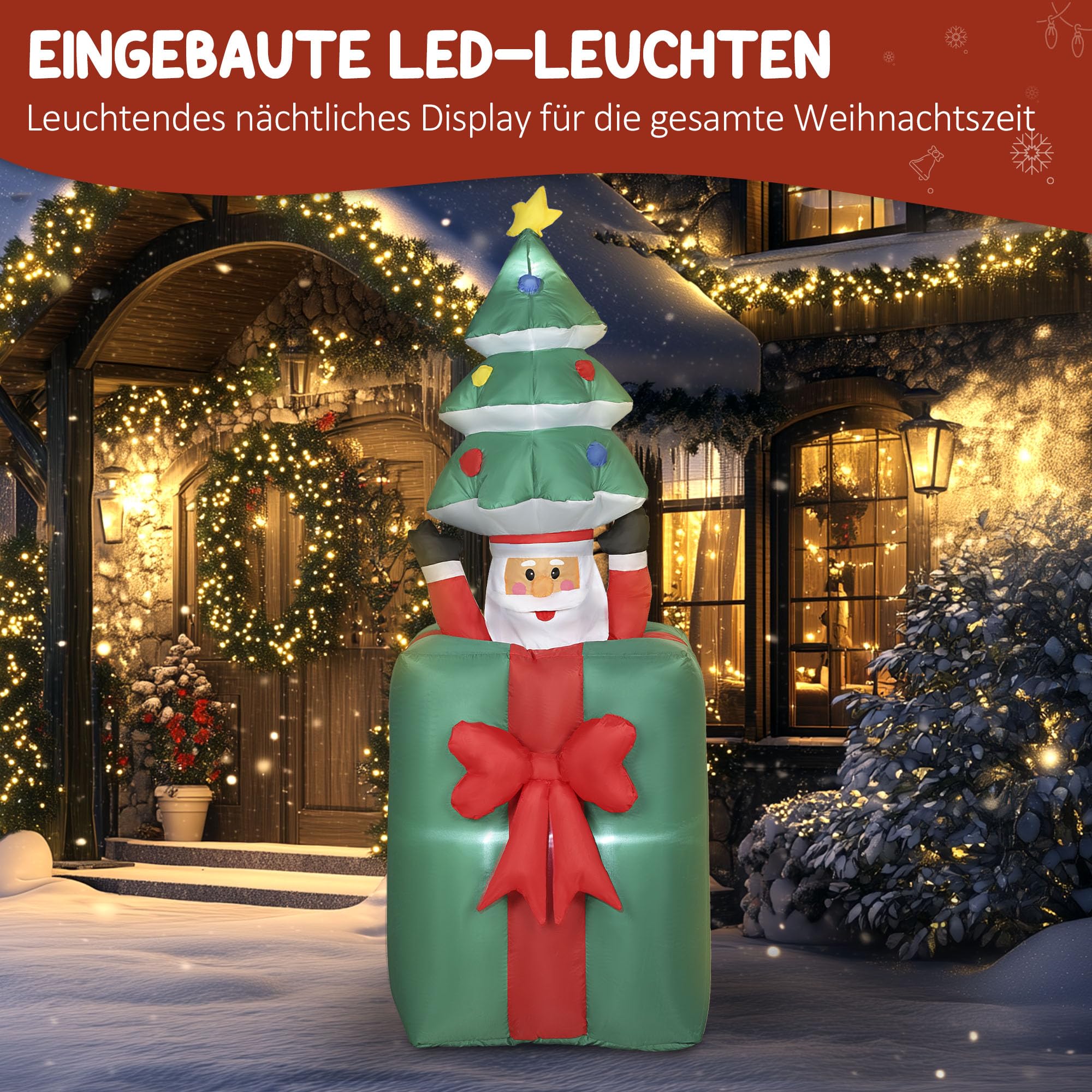 Outsunny 160-213 cm Aufblasbarer Weihnachtsdekoration mit LED-Lichtern | Beweglicher Weihnachtsmann aus Geschenkbox, mit Weihnachtsbaum, Weihnachtsdeko, für Rasen Hof und Garten