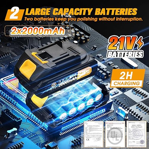 Miniatura 3 de Kit de pulidor de búfer inalámbrico para automóvil 2 baterías de 2000 mAh 21 V y 18 accesorios Diseño orbital de 6 velocidades, pantalla LED,