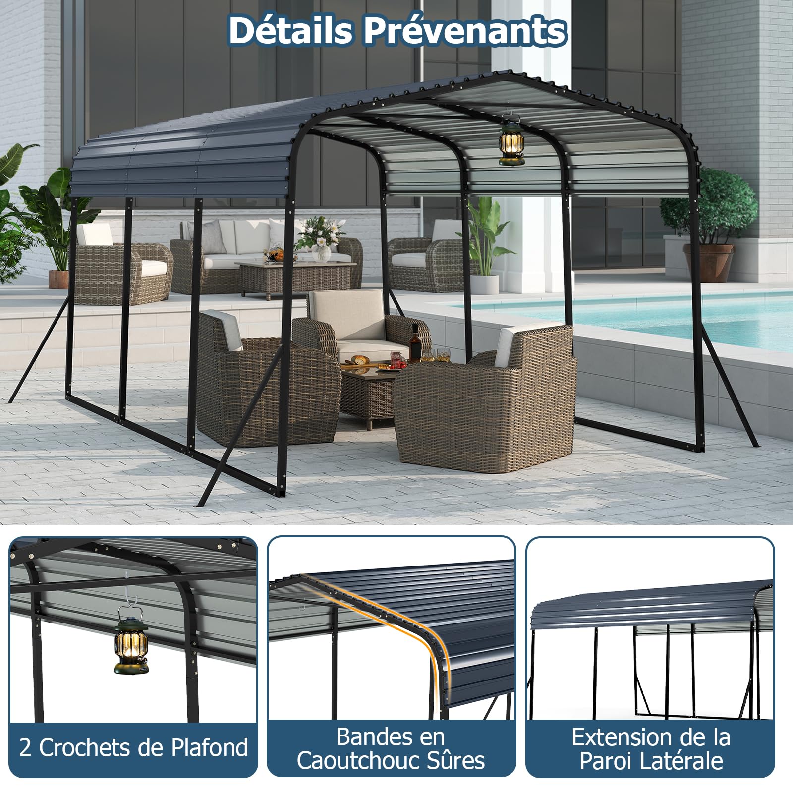 GOPLUS Grand Abri de Voiture en Métal, 440 x 300 x 250 cm, Toit Rigide, 4 Pieds Inclinés et Ancrages Extérieurs, Tente Carpot pour Voiture pour Camions, Tracteurs, SUV