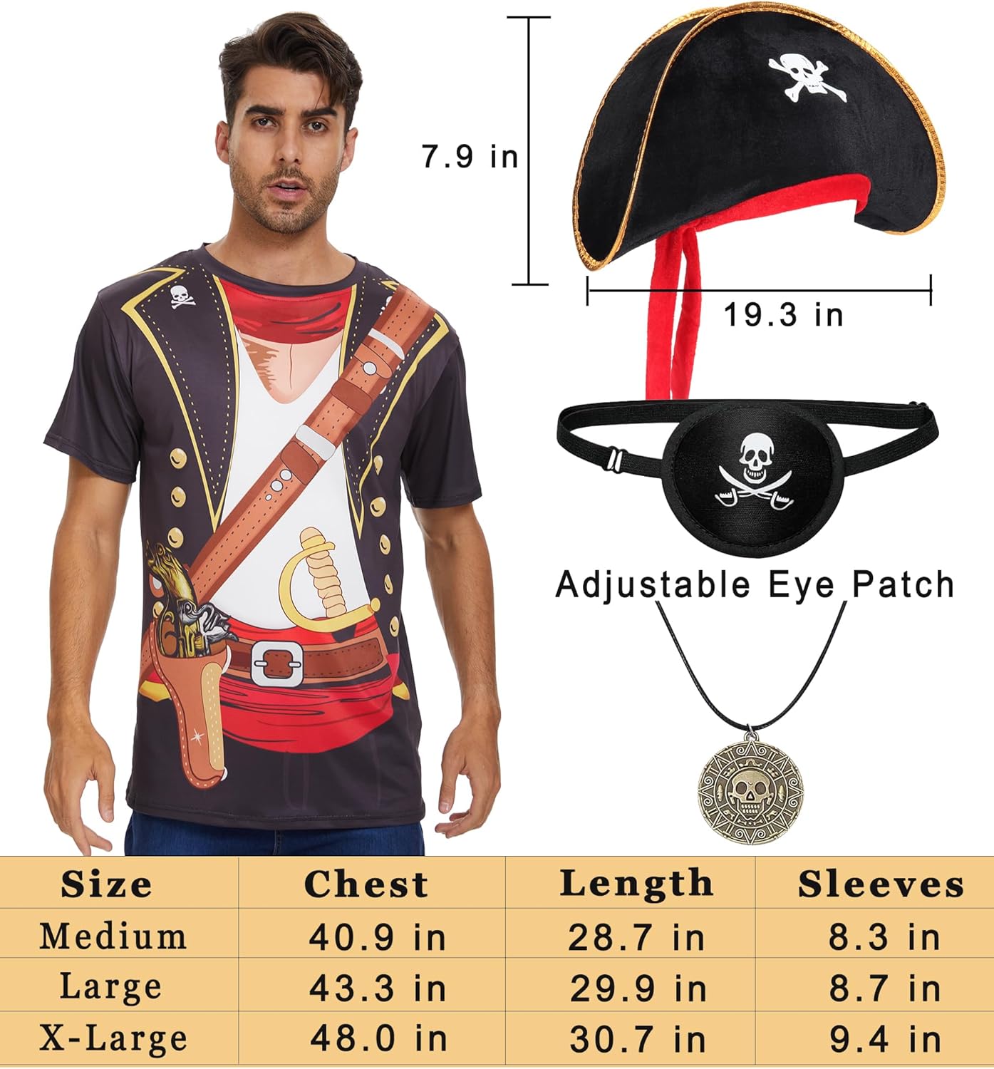 Ibeauti Pirate Costume Mens Priate T-shirt Skull Hat Eye Patch Coin Necklace Funny Pirate Accessories Set for Halloween - Image 3