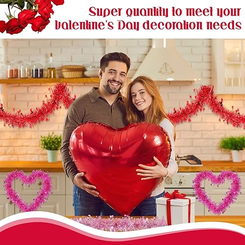 Miniatura 3 de Guirnalda de oropel de 79.2 pies, 12 piezas de corazón para el día de San Valentín, guirnalda de oropel metálica roja y rosa, guirnalda brillante