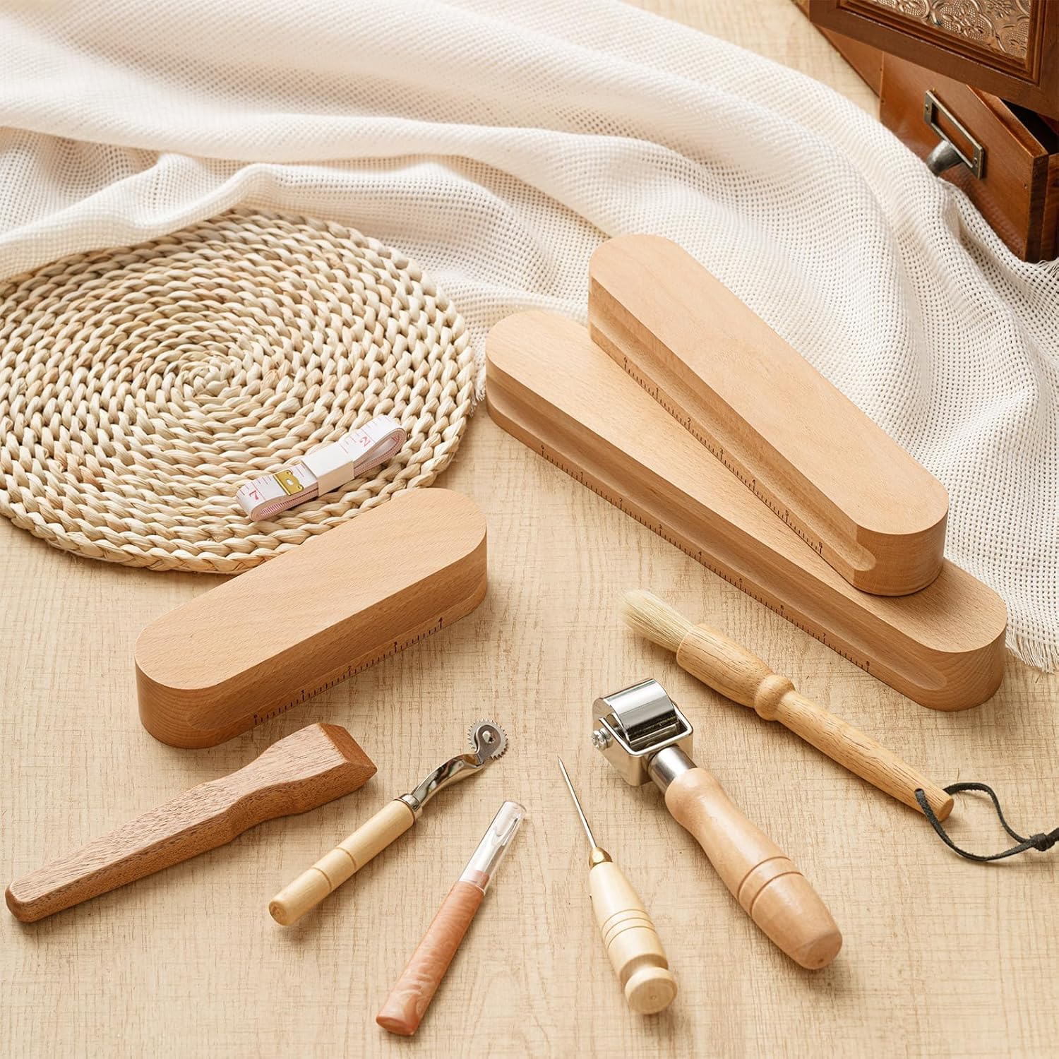 Gisafai 11 Pcs Wooden Sewing Quilting Tools Set Include 12/9.5/7 Inch Tailors Clapper, Seam Roller, Pressing Stick, Stiletto, Seam Rippers, Cleaning Brush for Sewing Quilting Ironing