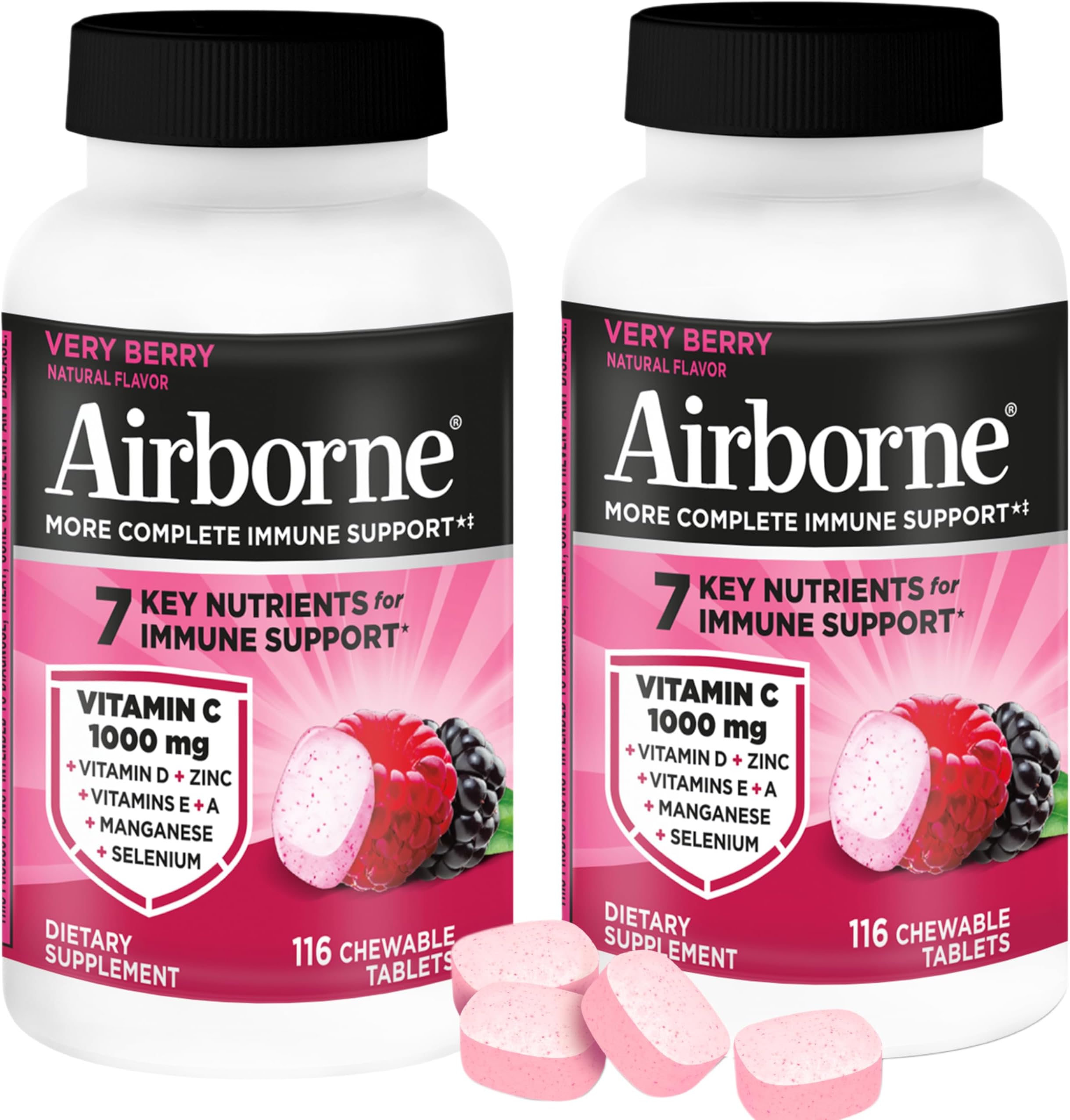 1000mg Vitamin C + Zinc Immune Support Supplement Chewable Tablets Powerful Antioxidants Vitamins A C & E, 116 Chewable Tablets, Very Berry Flavor (2 Pack)
