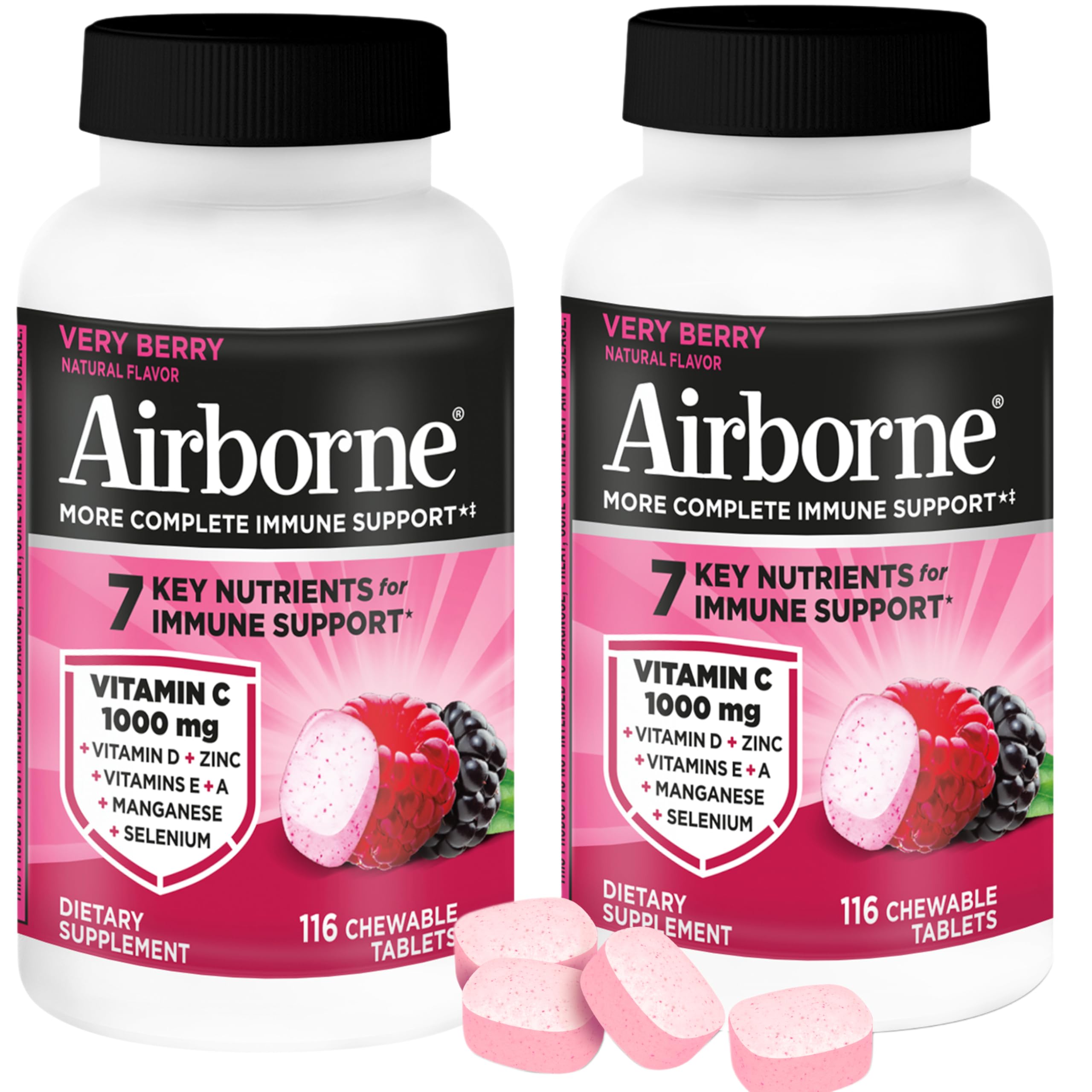 Airborne 1000mg Vitamin C + Zinc Immune Support Supplement Chewable Tablets Powerful Antioxidants Vitamins A C & E, 116 Chewa