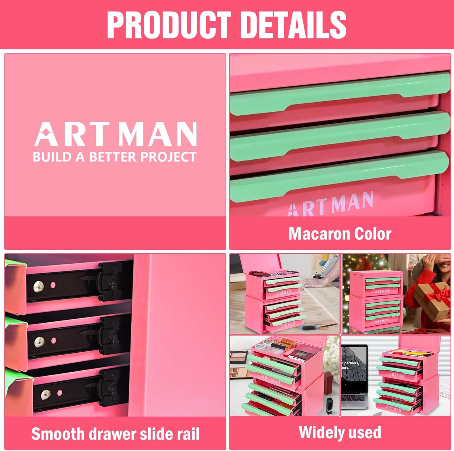 Mini Metal Tool Box, 2+3 Layer Portable Steel Small Tool Chest Cabinet,Stackable Desktop Organizer,Makeup & Stationery Storage Drawers with Handles for Home,Office,Workshop(Pink & Creamy Green)