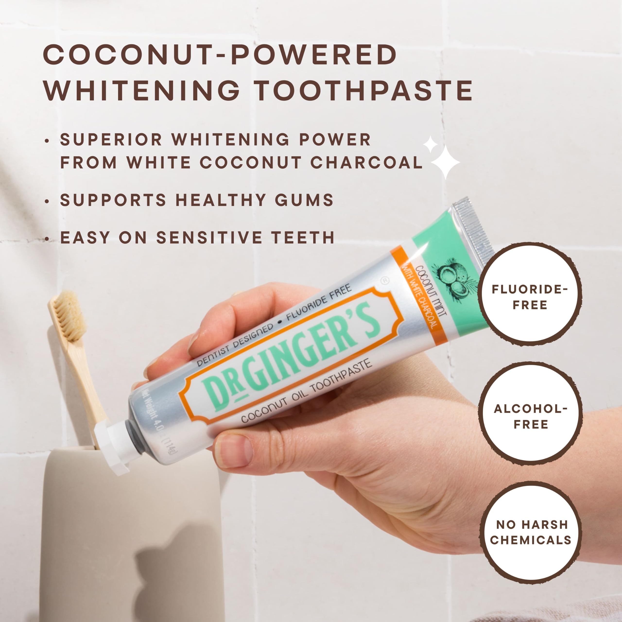 Superlifeworld - Dr. Ging's Dentifricio all'olio di cocco con carbone attivo bianco, potere sbiancante naturale, Enam