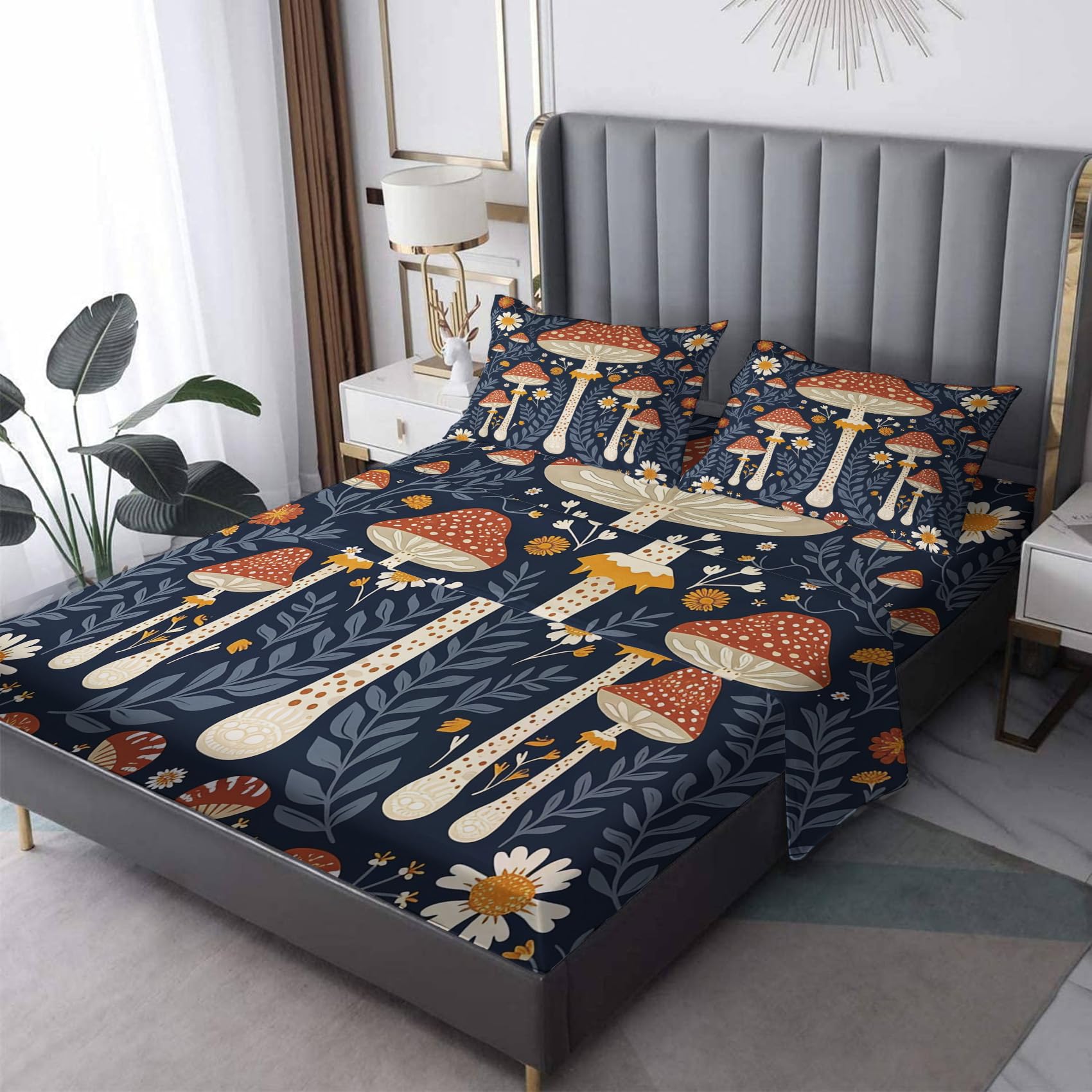 zcsm Queen Sheet Set - Mushroom Bed Sheets, Wild Fungus Botanical Bedding Sheets & Pillowcases, Soft Microfiber & Deep Pocket & Wrinkle Free Sheet Set