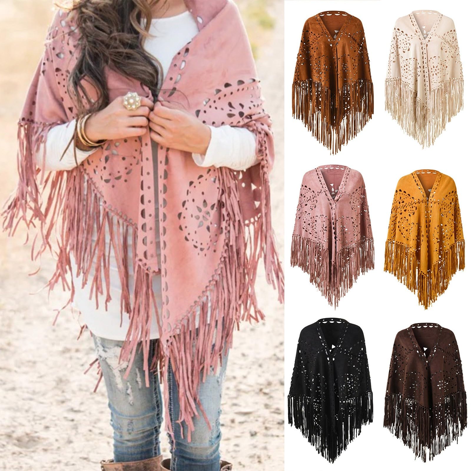 Tenda a frange da donna in finta pelle scamosciata stile gilet poncho con nappe, morbido triangolo sciarpa avvolgente elegante mantello vintage camoscio cardigan boho nappa spiaggia copertura