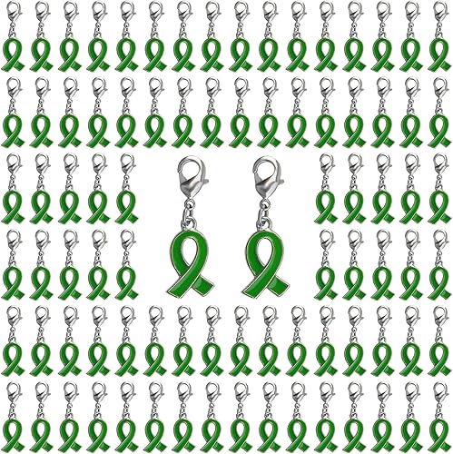 CRAFFANCY 100 dijes de cinta verde con cierres, conciencia de salud mental, cáncer, hígado, ambiente, esperanza, aleación para fabricación de joyas