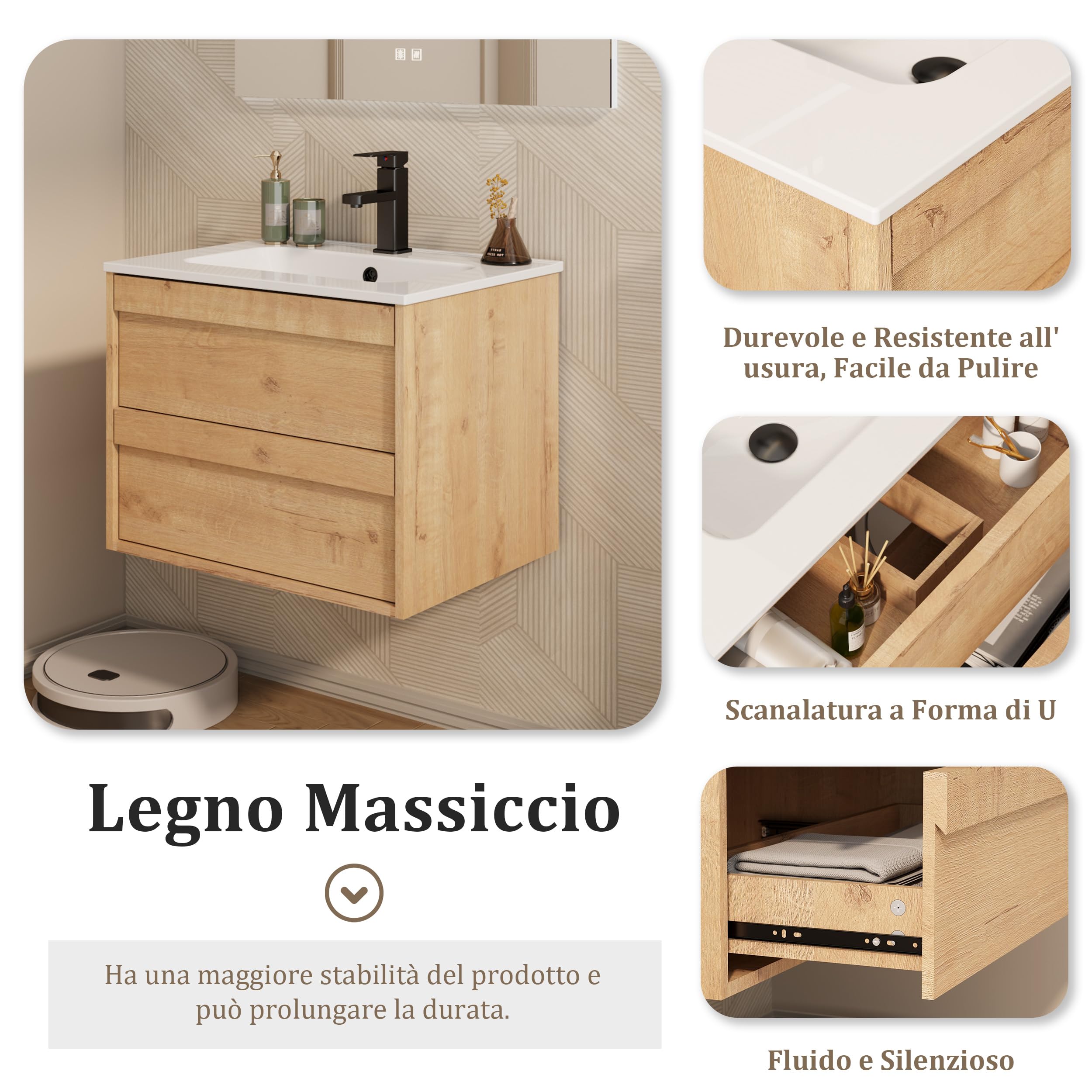 UEV Mobile Lavabo Sospeso da 60 cm, Mobile da Bagno con Lavabo in Ceramica, due Cassetti con Ampio Spazio per Riporre Oggetti, Cassetti con Sistema di Chiusura Ammortizzata, 60 x 45 x 46 cm, Naturale