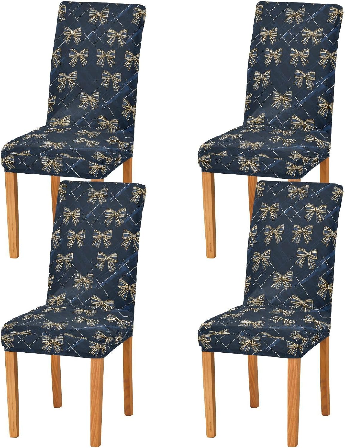 ALAZA Chair Covers for Dining Room, Gloden Bow Blue Plaid Pattern Stretch Chair Cover Sets Chair Protector Removable Washable for Ktichen Restaurant Hotel