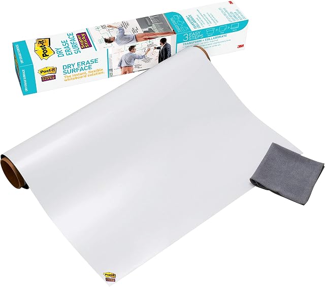 Post-it Dry Erase Whiteboard Film Surface for Walls, Doors, Tables, Chalkboards, Whiteboards, and More, Removable, Stain-Proof, Easy Installation, 3 ft x 2 ft Roll , White, 3 x 2 Feet (DEF3x2)