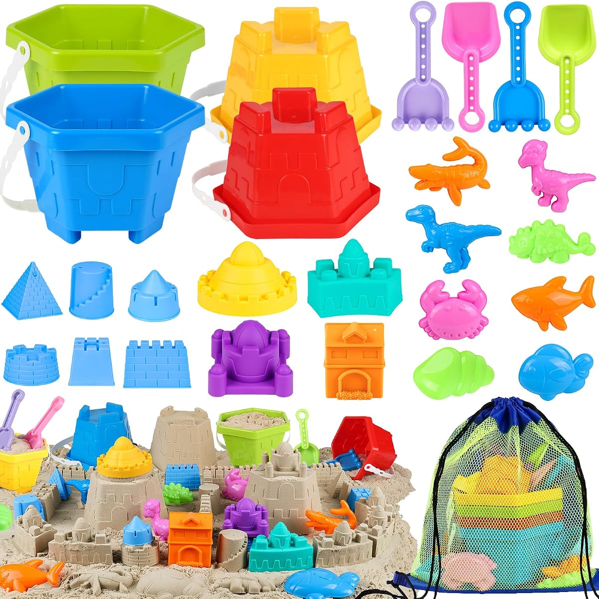 HUUIDY Beach Toys, 4 Buckets and Sand Castle Building Kit for Kids 4-12 | Mesh Bag, Sand Molds and Shovels for Sandbox, Backyard, Beach Games, Summer Trip, Birthday Party, Outdoor Play Fun Together