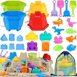 Beach Toys for Kids, Sand Toys with 4 Sand Buckets and Shovels for Kids, Sand Castle Building Kit with Mesh Bag & Molds, Travel Beach Essentials Sandbox Toys for Toddlers Boys Girls Age 4-12