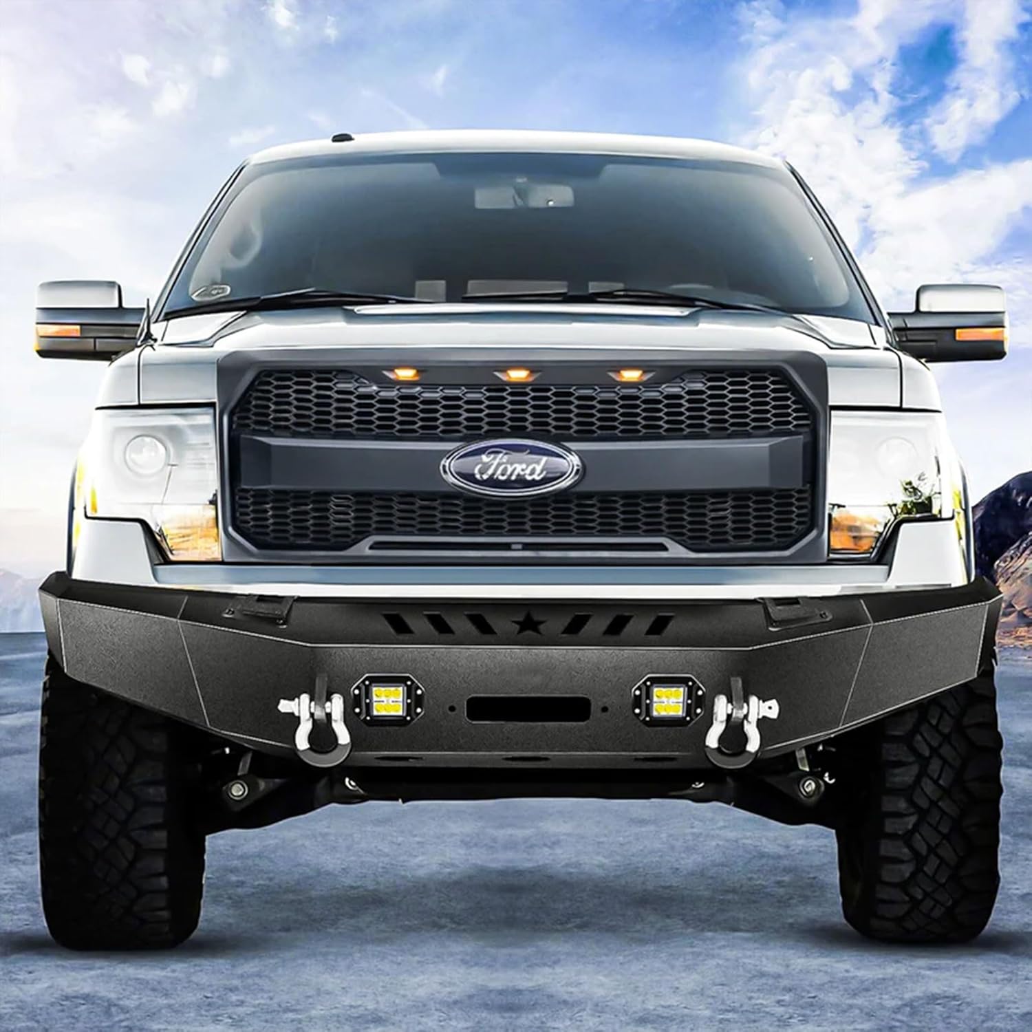AMERICAN MODIFIED Raptor Style Mesh Grill with Amber LED Lights and Emblem Base Compatible with 2009 to 2014 Ford F150 Models, Matte Black