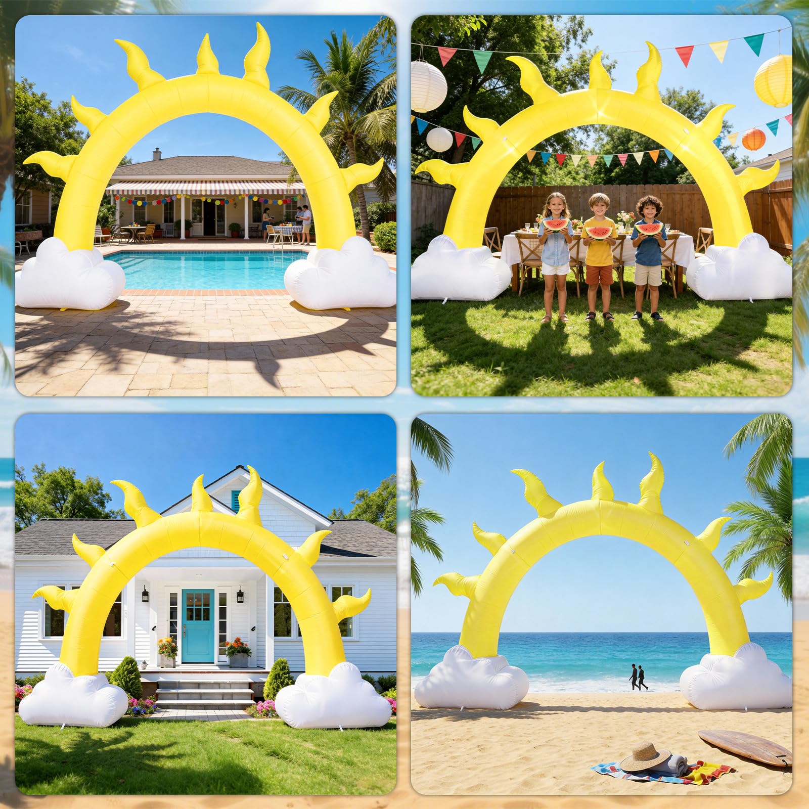 Arco inflable de sol de verano de 10 pies con luz LED, arco inflable para verano, cumpleaños, baby shower, playa tropical, piscina, fiesta, patio, césped, decoración de telón de fondo