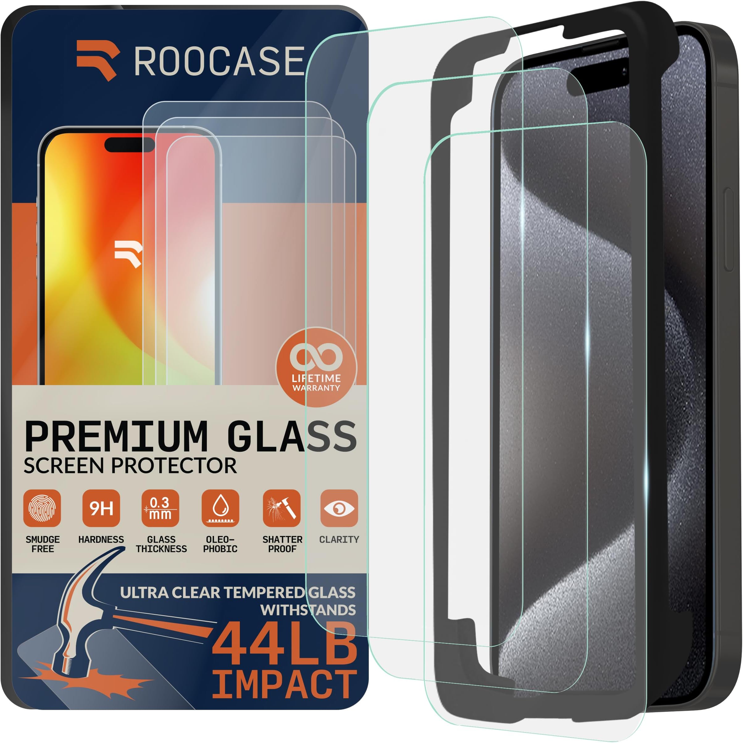 rooCASE Glass Screen Protector Compatible for Apple iPhone 15 Pro, (6.1 Inch), Case Friendly Tempered Glass Front Cover Protection with Alignment Frame, Pack of 3