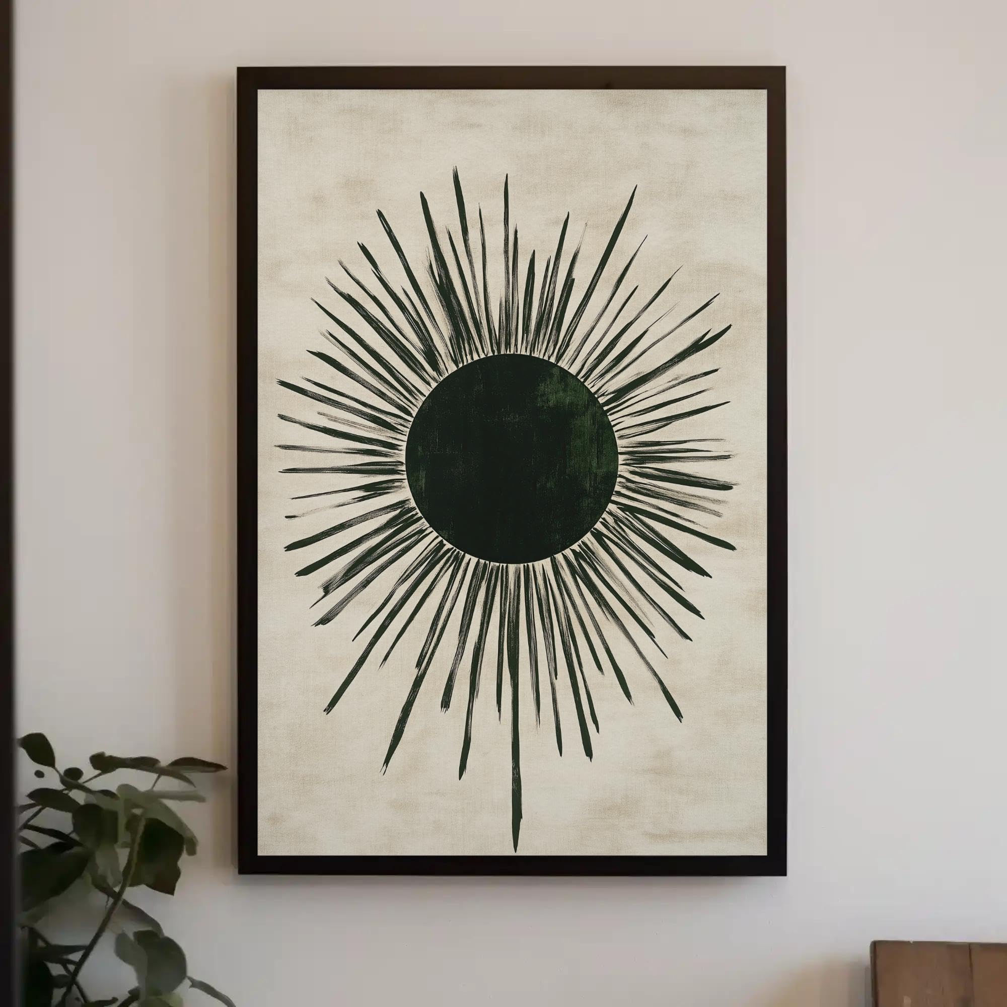 TONGYINLI Abstract Sunburst Art Canvas Print - Black, Green, Beige Wall Art, Japandi Canvas Painting for Bohemian Home Decor(70x110cm/Internal Frame)