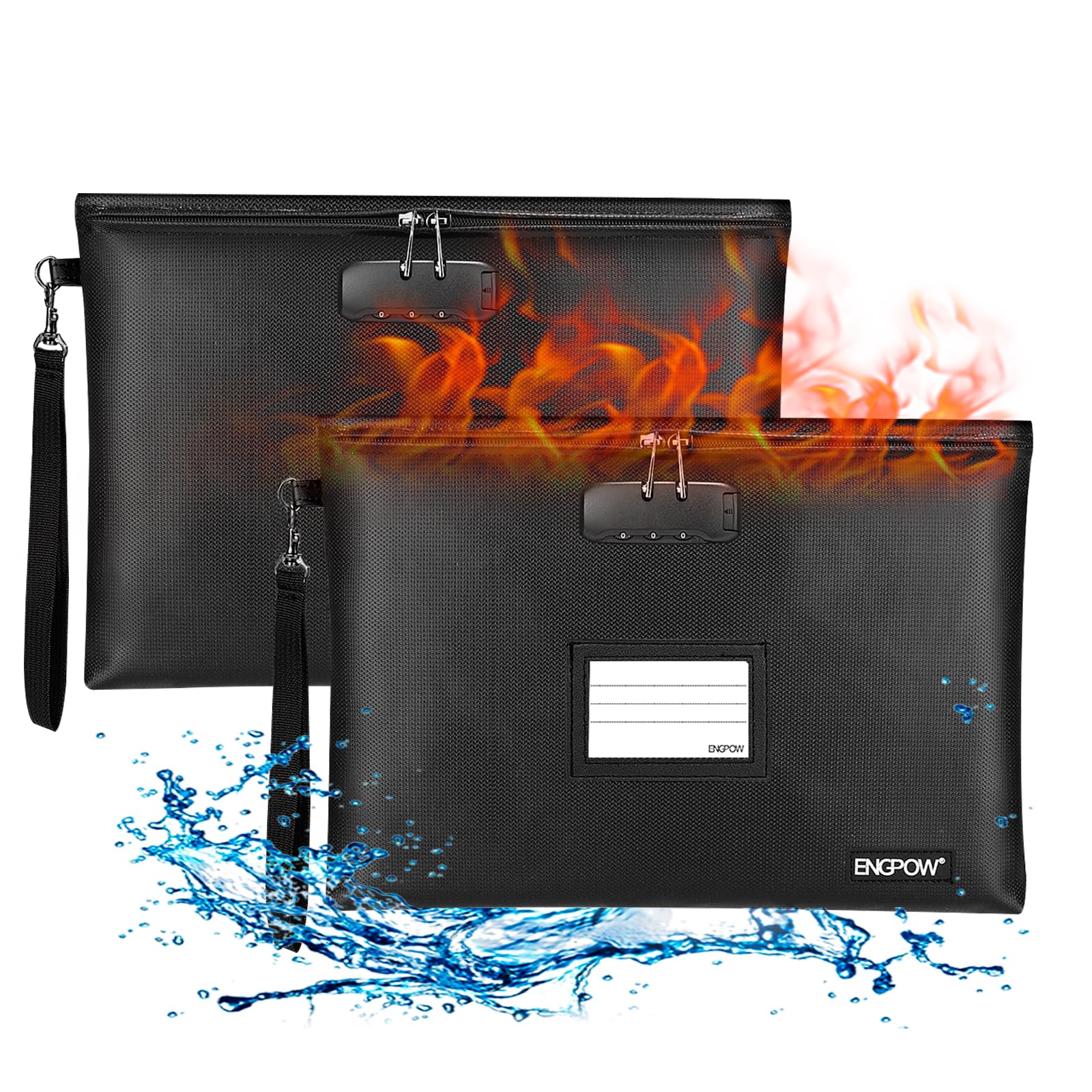 Portadocumenti Impermeabile Borsa Portadocumenti Ignifuga E Impermeabile 38 X 28 Cm E 23 X 18 Cm, GEMEK Custodia Organizzatore Resistente All'acqua E Al Fuoco Per Documenti A4 A5,file,contanti,gioielli (Nero - 2 Cerniere