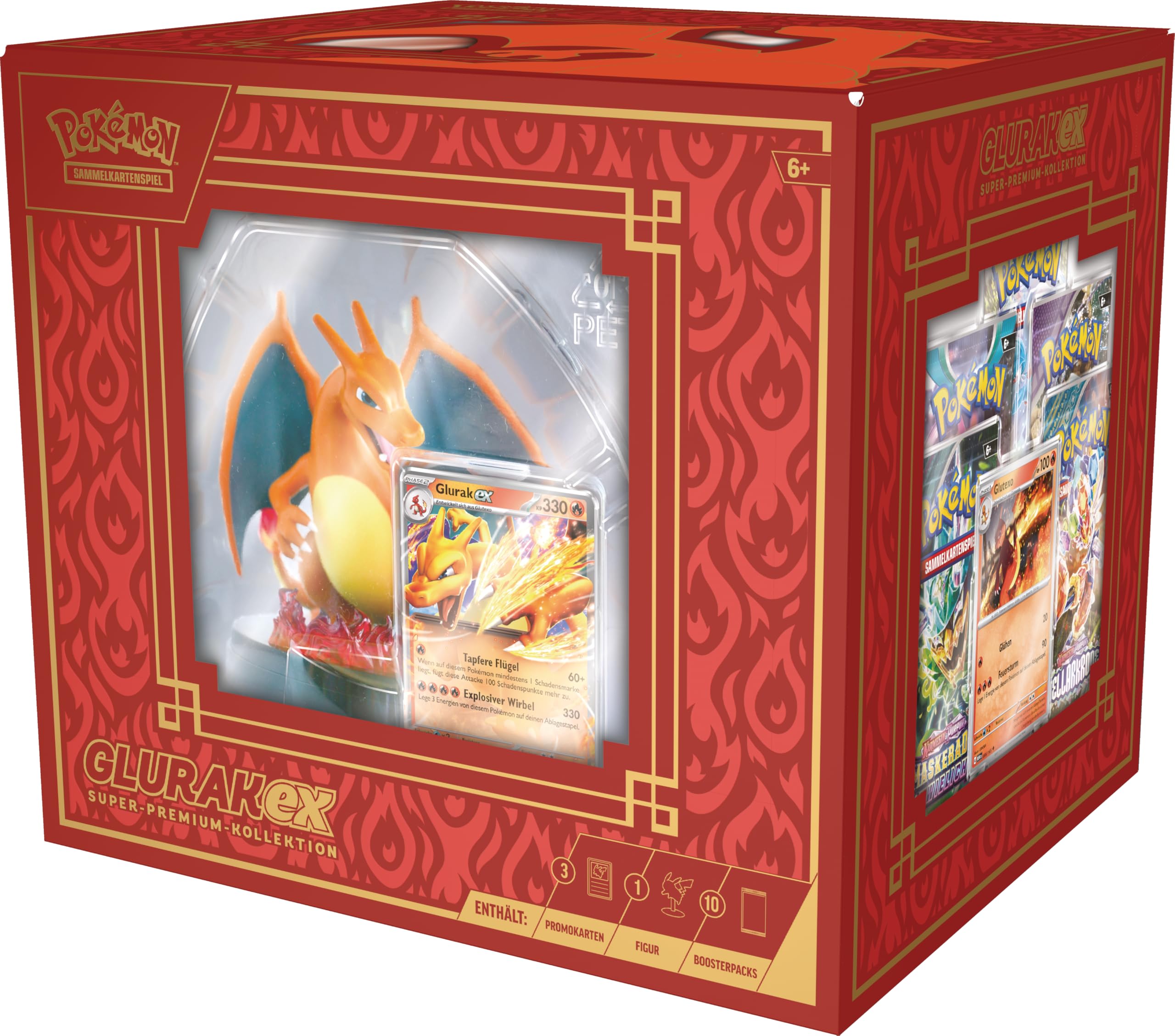 Pokémon - Juego de Cartas coleccionables: colección Super Premium Glurak-ex (3 Cartas promocionales holográficas, 1 Figura de visualización de Cartas y 10 Paquetes de Refuerzos)