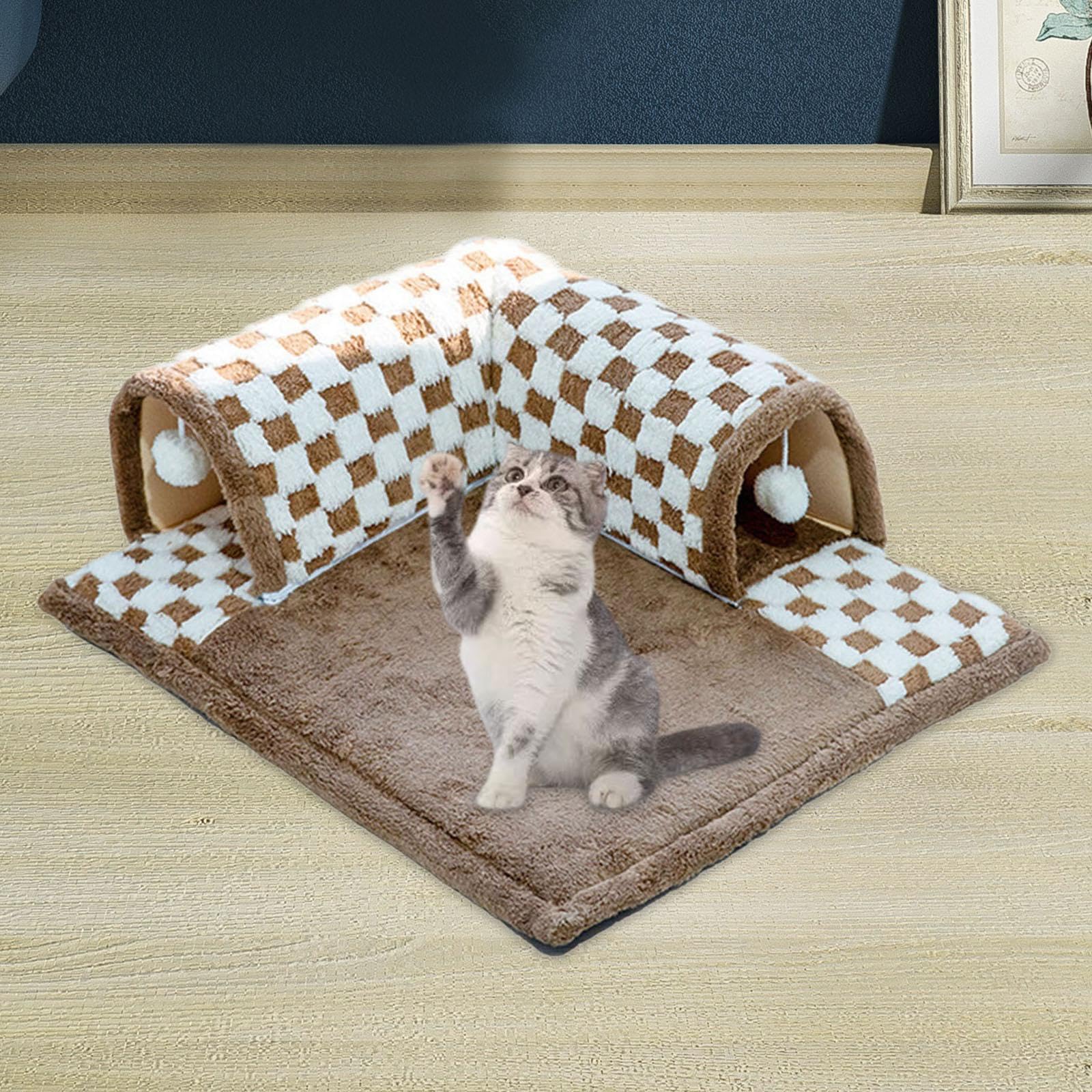 Tunnel pour Chats Tunnel Lit Jouet Balle Maison de Jeu Habitat Animaux Petits Tapis Amovible Pliable Douceur Convenable Chatons Lapins Intérieur, Marron M