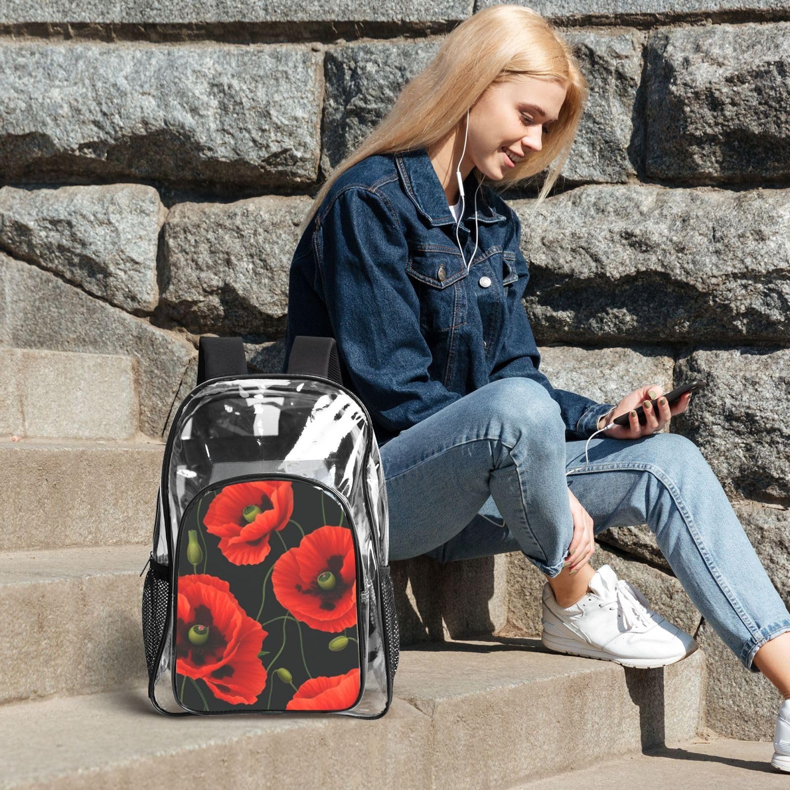 Ensemble de 3 sacs à dos transparents avec imprimé coquelicots pour l'école, les voyages, l'extérieur, sac à déjeuner transparent