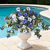 Ammyoo UV Resistant Artificial Petunia Flowers, 2PCS Faux Hanging Silk Petunias Blue White for Outdoor Garden Balcony Porch Decor