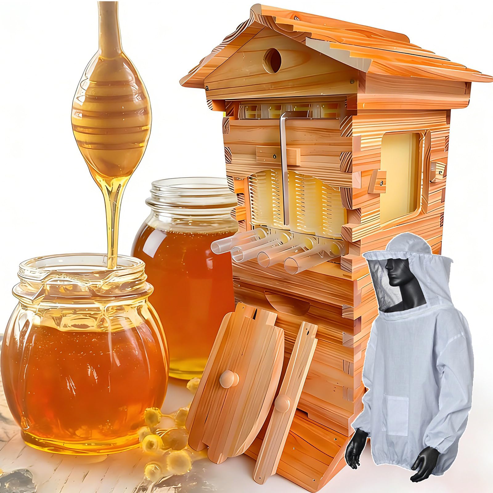 Flow Hive Bienenstock-Starterset, Mit Bienenwachs Beschichtetes Tannenholz, Komplettes Bienenstock-Set Mit Imkeranzug Für Anfänger Und Profi-Imker